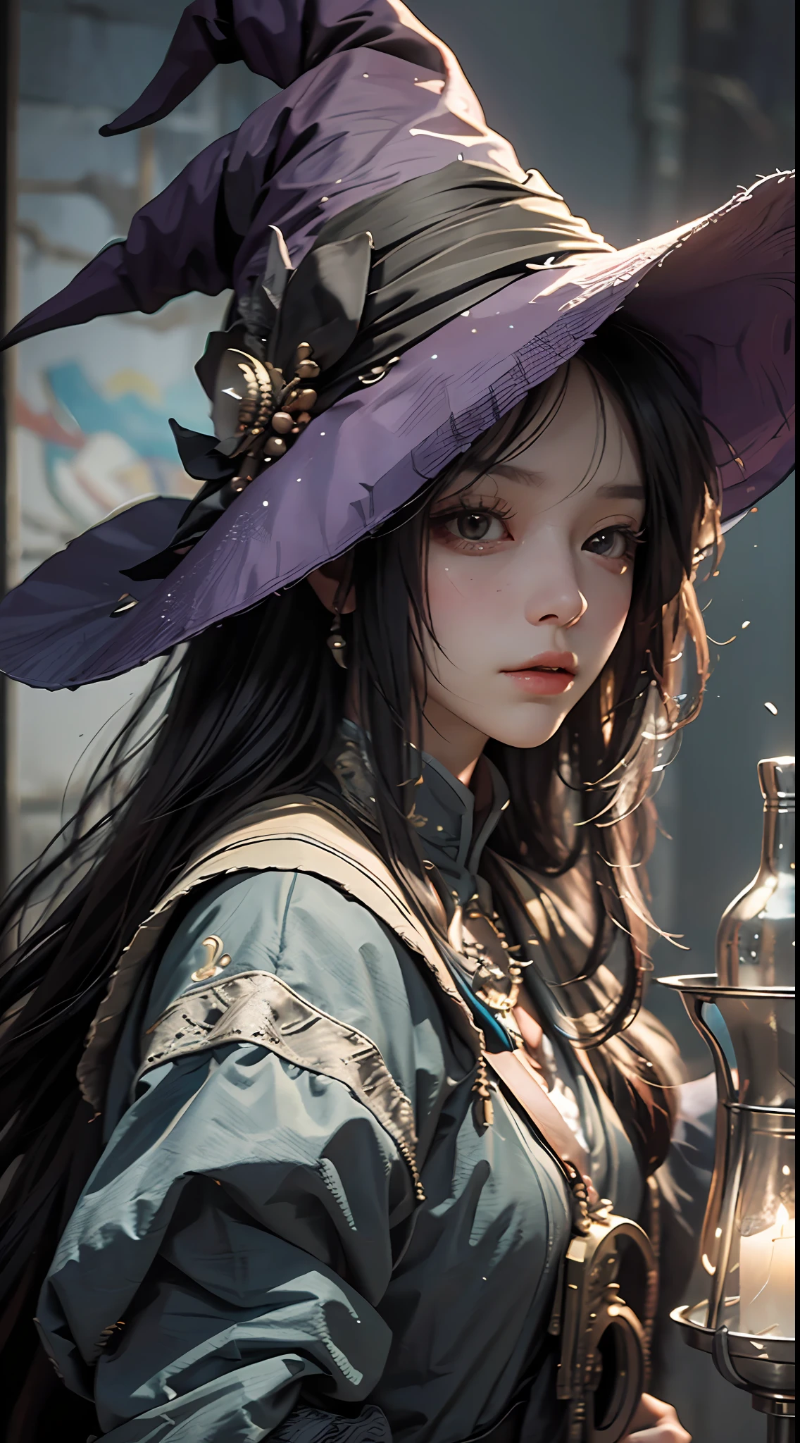 Highest image quality，Outstanding details，超高分辨率，（fidelity：1.4），The best illustration，Favor the details，Highly cohesive 1girl，Eccentric little witch，Look at the potion of the crucible，The background is a school of magic