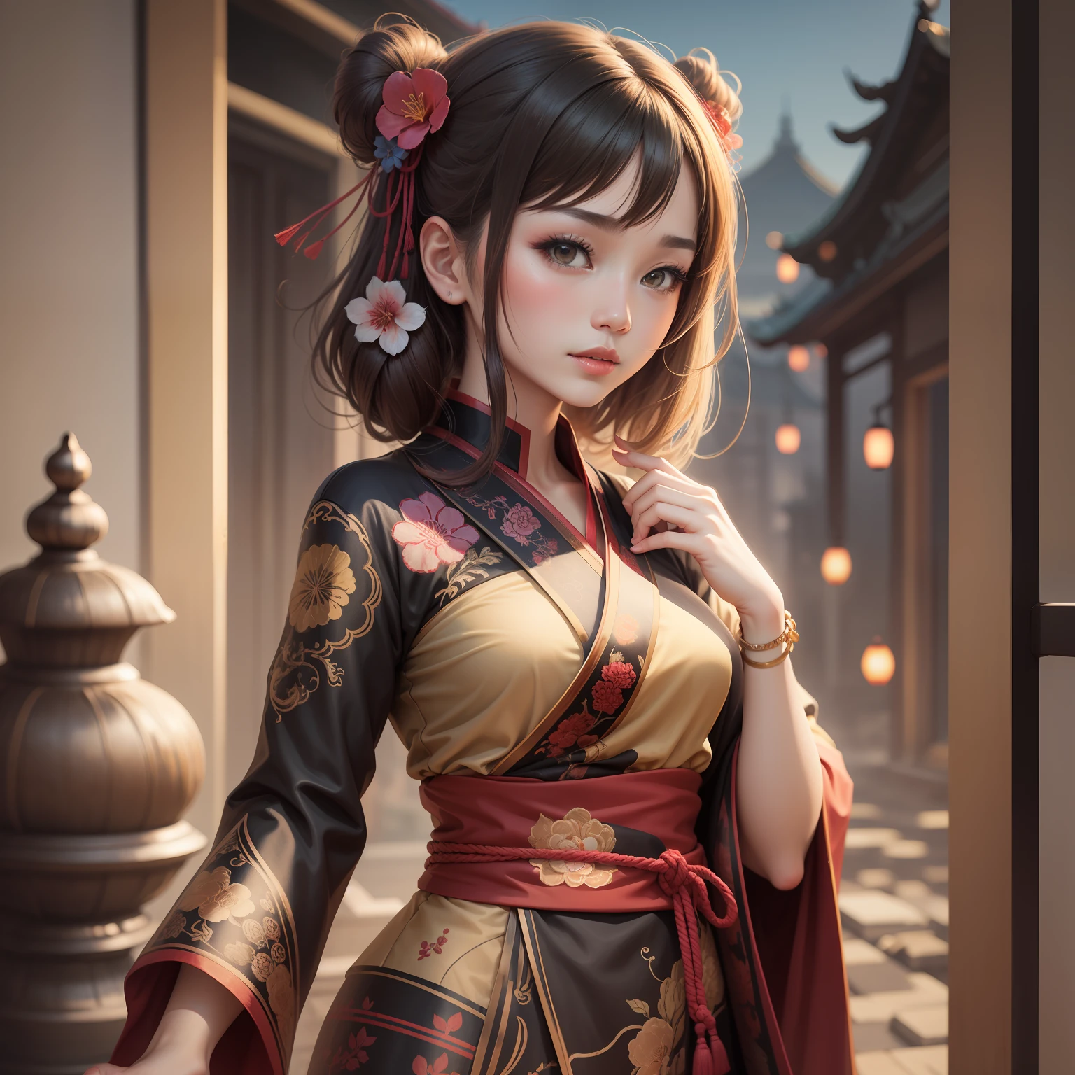 Han woman wearing black and red Han clothes and red umbrella, Gu Kaizhi's artistic painting style Forbidden City , A girl in Hanfu, CGSesociety, Chinese style, Beautiful character painting, Chinese costume, --auto
