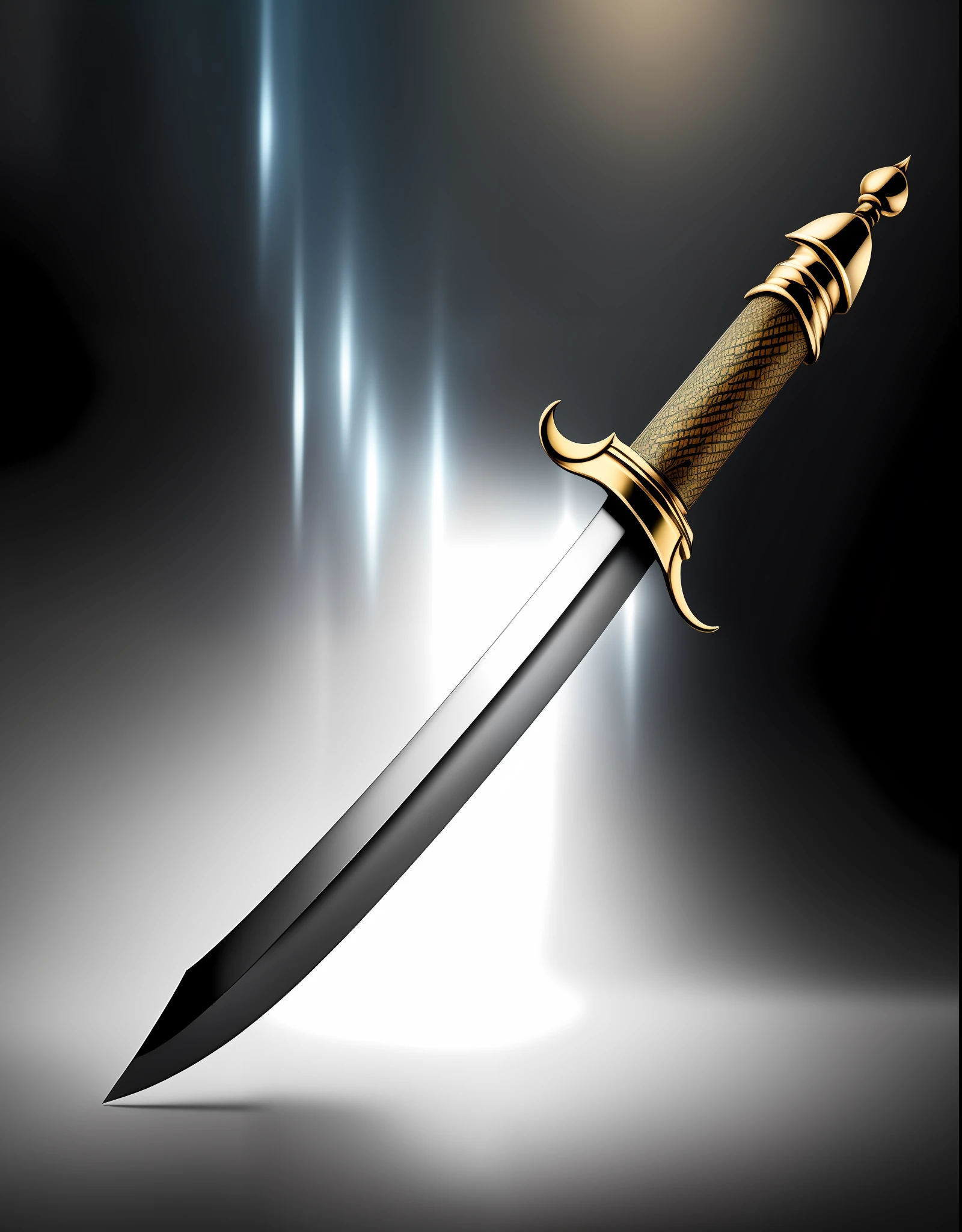 Un primer plano de una espada con un mango dorado sobre un fondo gris, hermosa espada, fantasy sword of warrior, Spanish sword, Espada de oro, daga, fine sharp high detail, Hoja de espada blindada, Espada brillante, espada, espada dorada, fantasy sword, espada de acero, very sharp and detailed image, sharp high detail, sword design, Una espada ancha