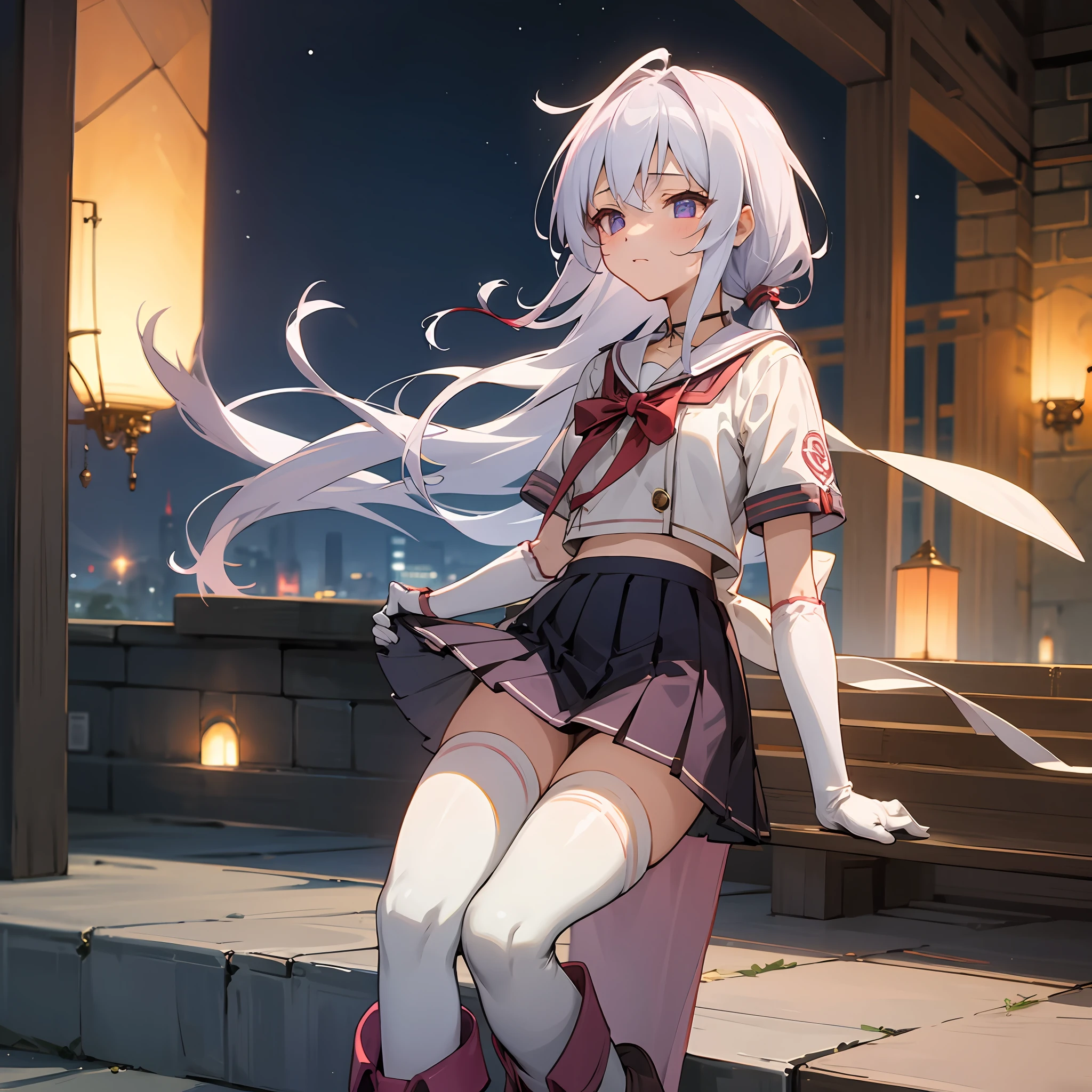 realisticlying,超高分辨率,Best picture quality,tmasterpiece,Extremely delicate girl,a purple eye,looking at viewert,slender leg,Be red in the face,is shy,(Urban space,the night,电影灯光),((Sailor collar,Short top), upskirt with, pleatedskirt, High pants, Striped stockings, and elbow gloves, Boots)), (ulzang-6500-v1.1:0.66),