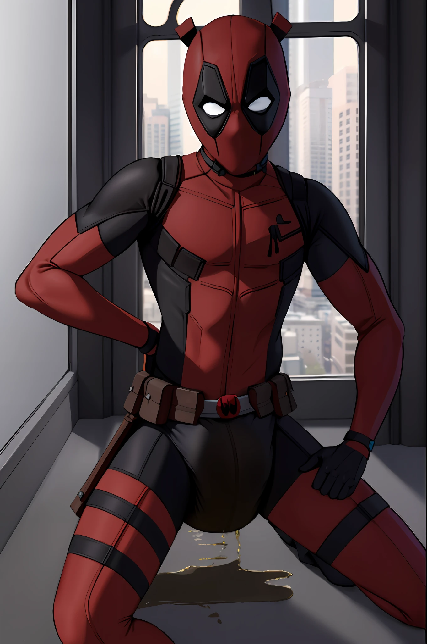 masterpiece, top quality, best quality, highly detailed:1.2), colorful, 1boy, solo, Deadpool, diaper under suit, diaper under clothing, desperate, peeing, purposely, casual