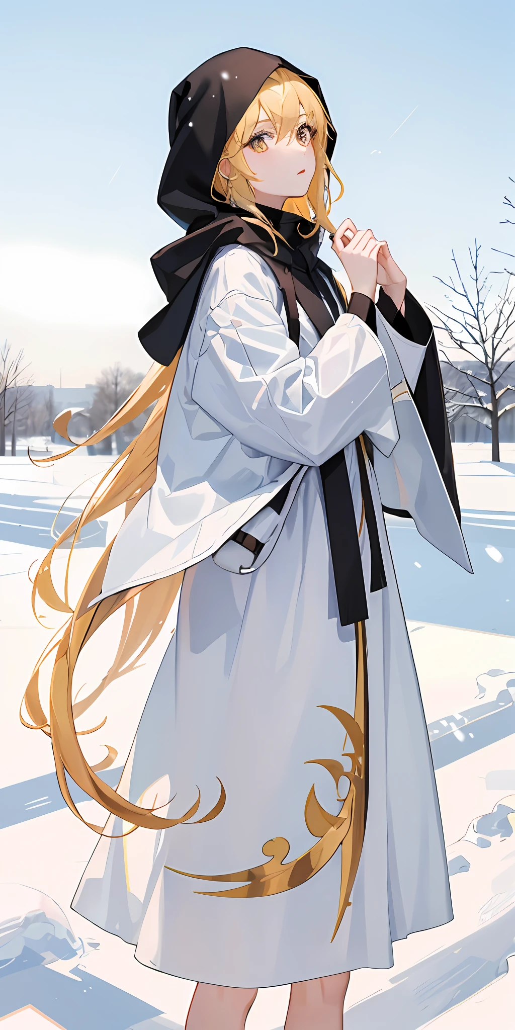 golden hair，Golden eyes，Wearing a black hood，With a petite figure，adolable，snowy day，holy，Reach out to the sky，White skin of the ，tmasterpiece，HighestQuali，