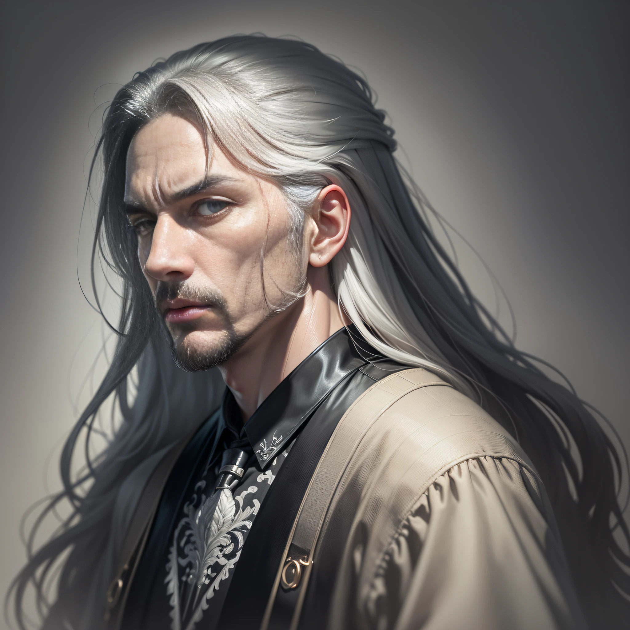 Oil painting in black and white,Solid black background,Man with long white hair,face expressionless,Handsome middle-aged face。