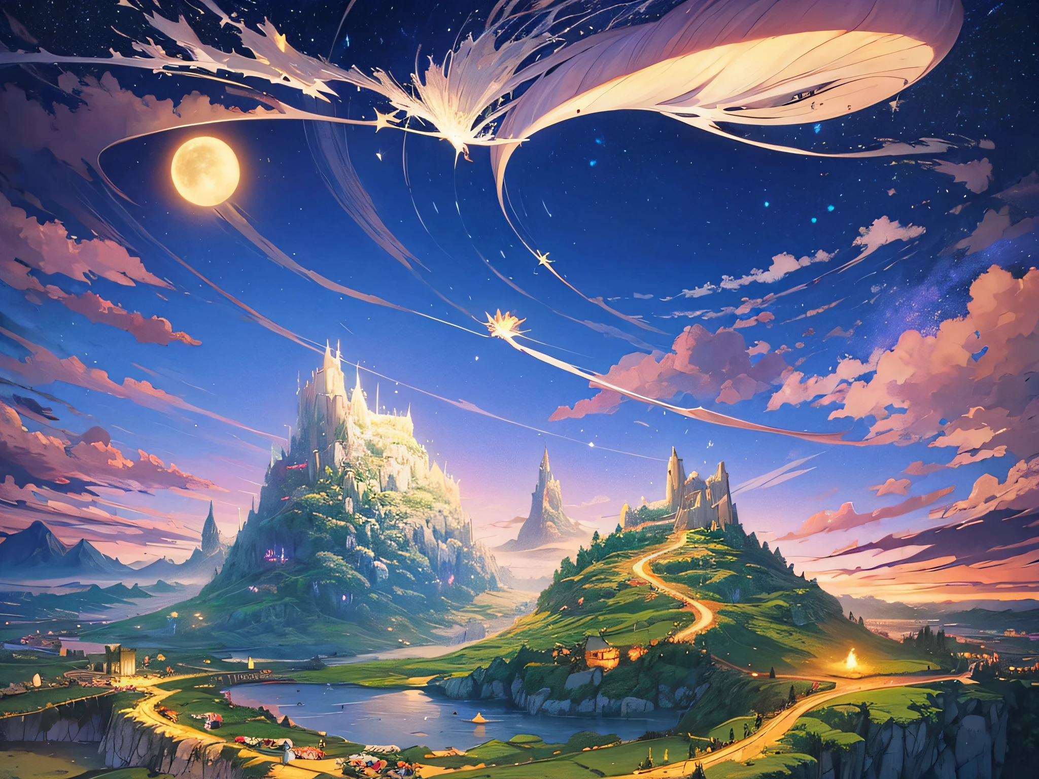 Masterpiece beautiful, volumetric lighting, (ambrosia), gust of wind, mountains stars ocean forest, (oro:1.2), (floating island:1.3), will-o'-the-wisp \(mythology\), lily \(flower\), firefly, clouds moon, fragrance, bioluminescence, luminescence