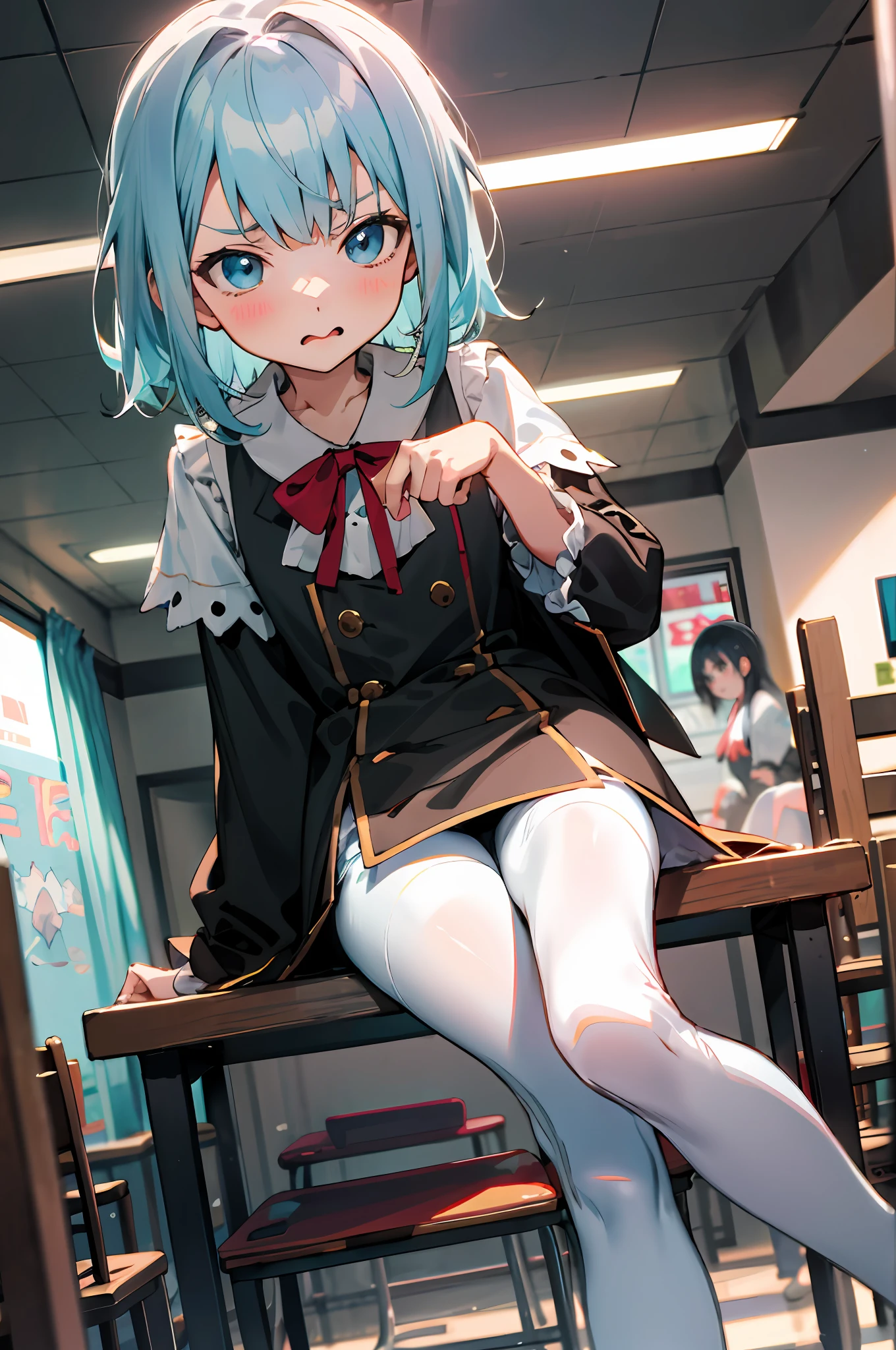 An anime sits on a table in white tights and looks down in disgust,The perspective looks up from the foot