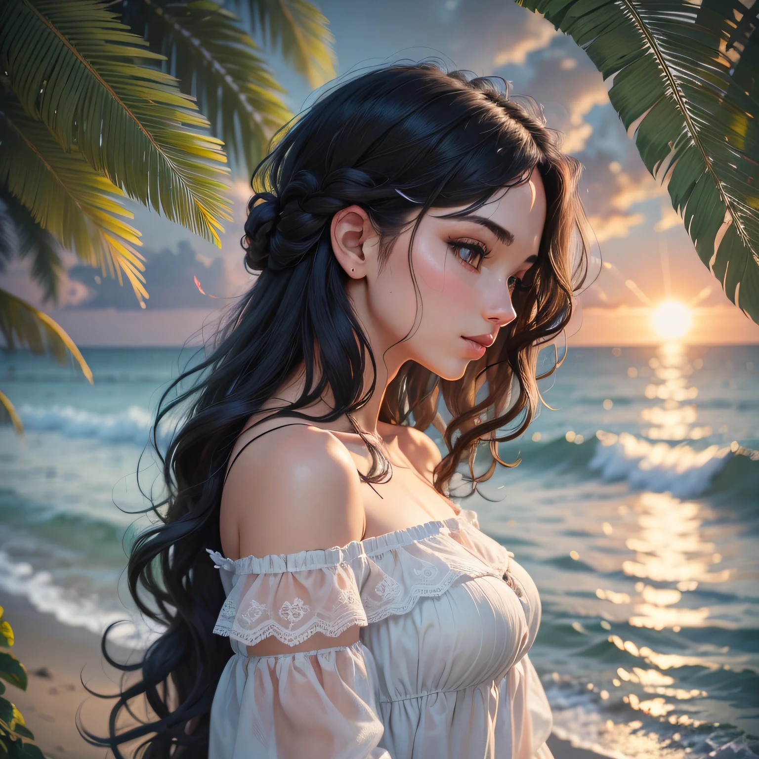 the setting sun,sandbeach,Girl in dark green dress,Brown hair long,Review --auto