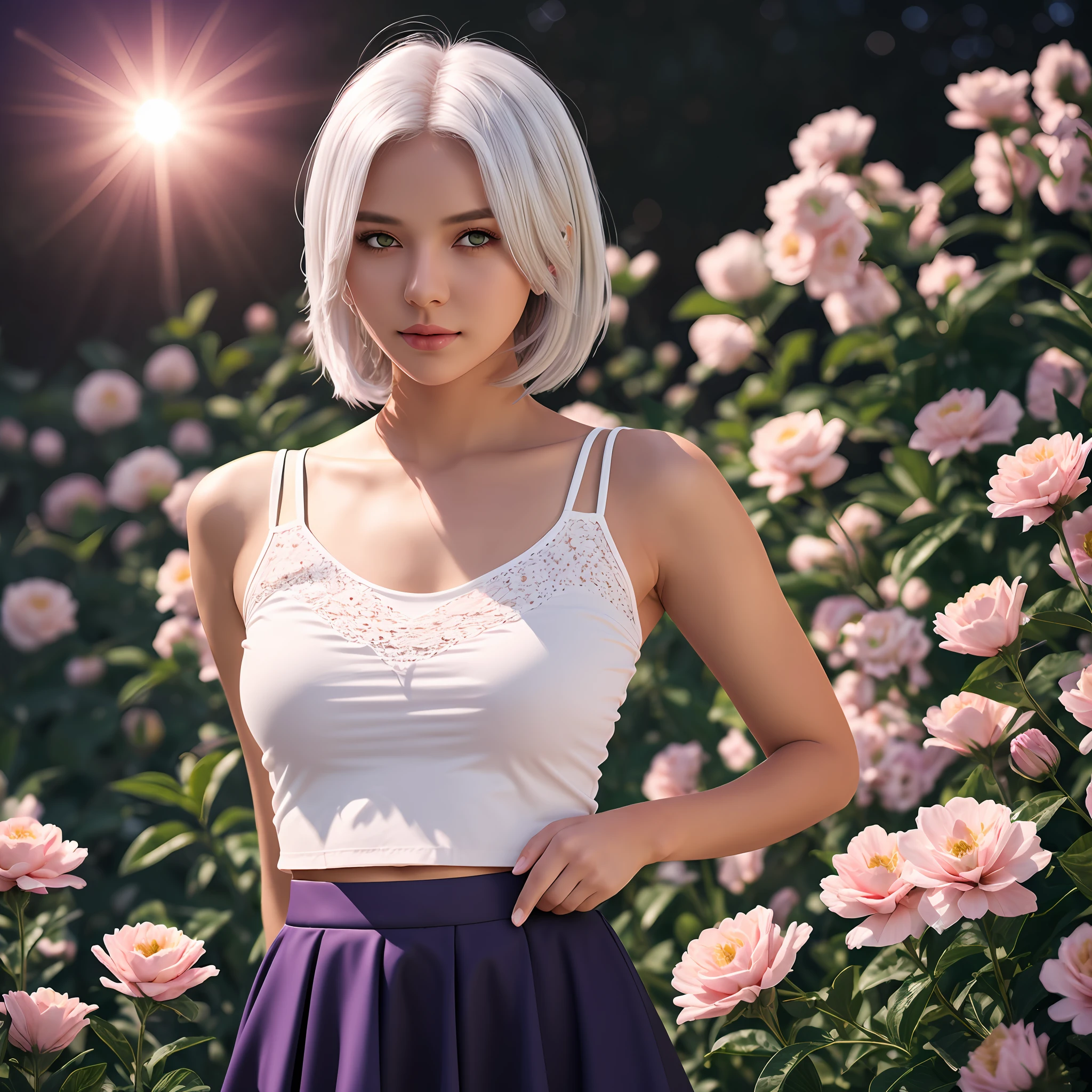 realistic, 1girl, white hair, purple eyes, glowing eyes, crop top, skirt, parted lips, blush, night, flowers, sun, sunlight, --auto
