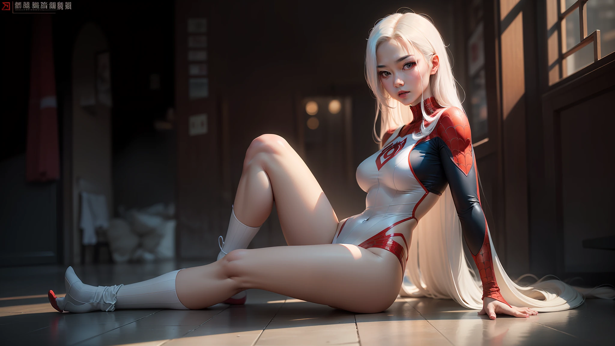4k,realisticlying,Glamorous,非常详细,There is a girl in Dingcheng,she is a spiderman,white super hero theme,long white hair,25 age old,full body exposed