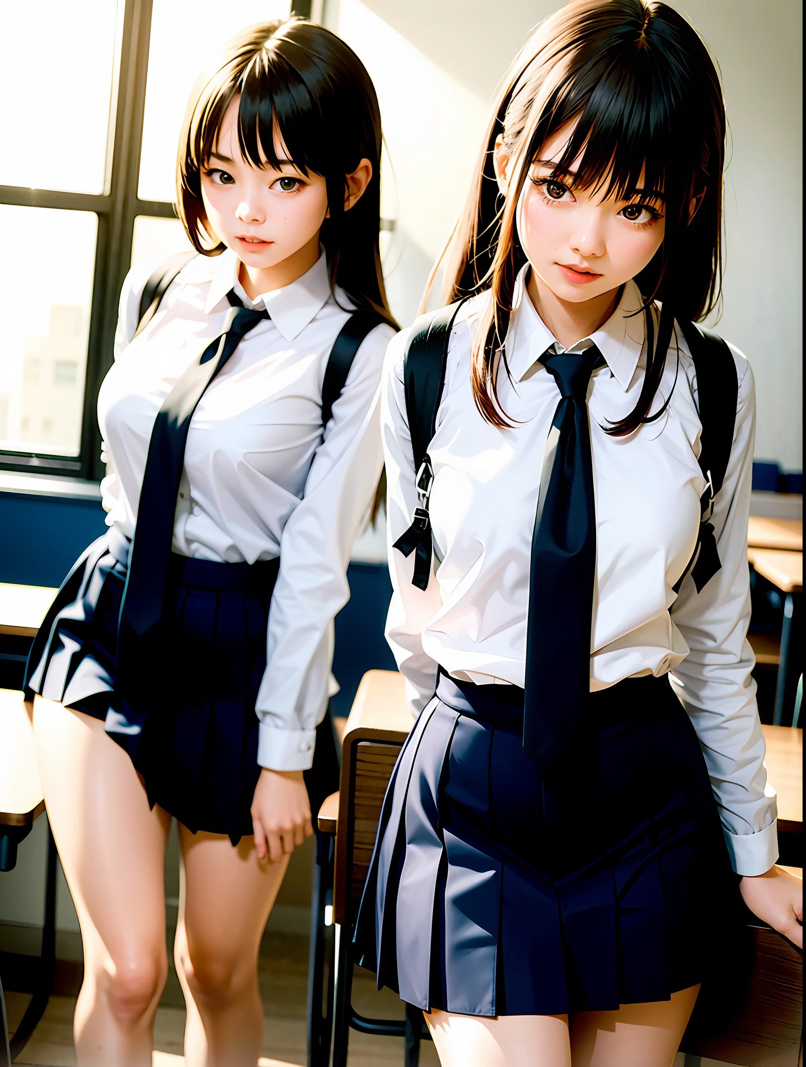 Student girl,JK school uniform,In the classroom,Tied to a chair by a rope,Tie your hands behind your back,The arms and body are tightly tied,Feet are tied,Behind the perspective,The girl looked back,
