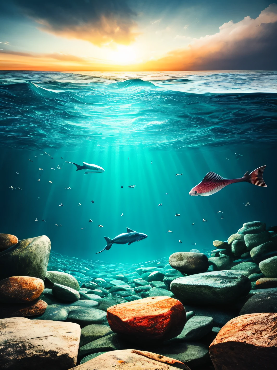 The ship is in the center of the ocean, dark night, violent storms, HD, mermaid, orange thunder background, best quality, some rocks around, rocks, best ship, mermaid on ocean, best mermaid, 16k, big ship, ship close to camera, Birds fly around, birds, night time, best lights, octane