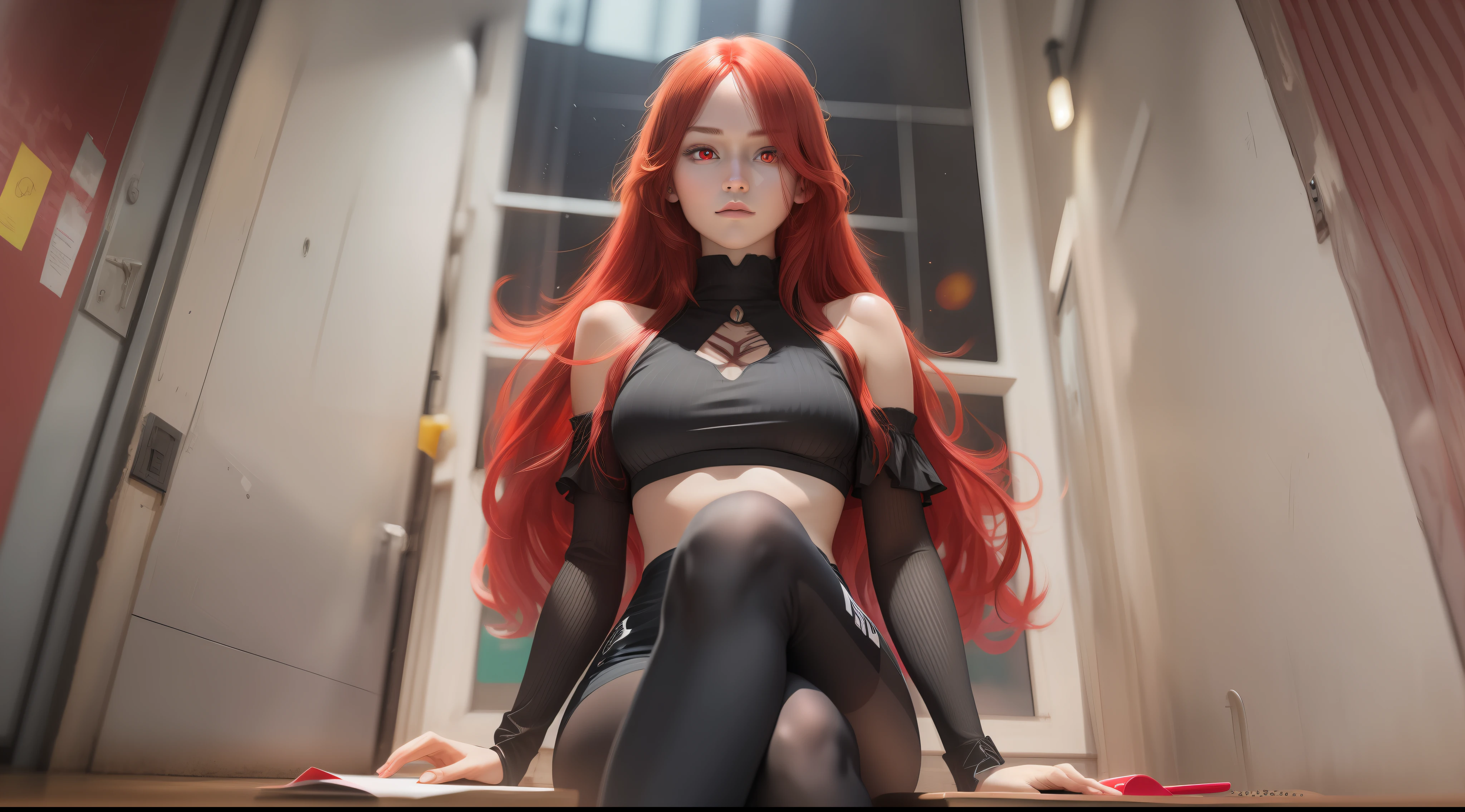 Long red hair, red eyes, black tights