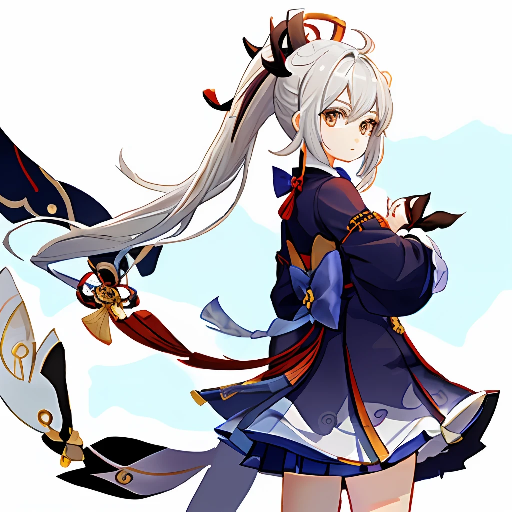 Genshin Game White Hair Female Inazuma Blue Skirt High Ponytail with Blue Bow on the Back Human Red Bow in Front of Hair Red Bow on Both Sides of Hair