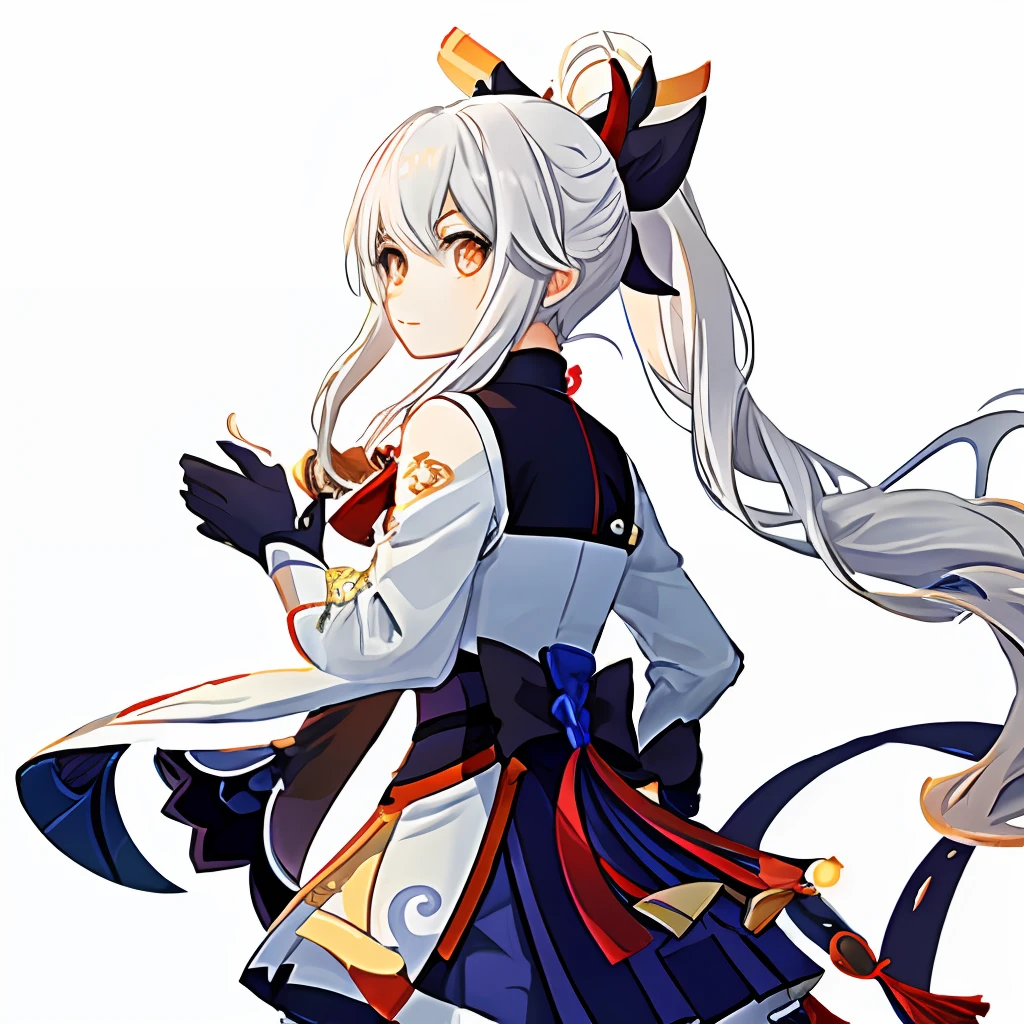 Genshin Game White Hair Female Inazuma Blue Skirt High Ponytail with Blue Bow on the Back Human Red Bow in Front of Hair Red Bow on Both Sides of Hair