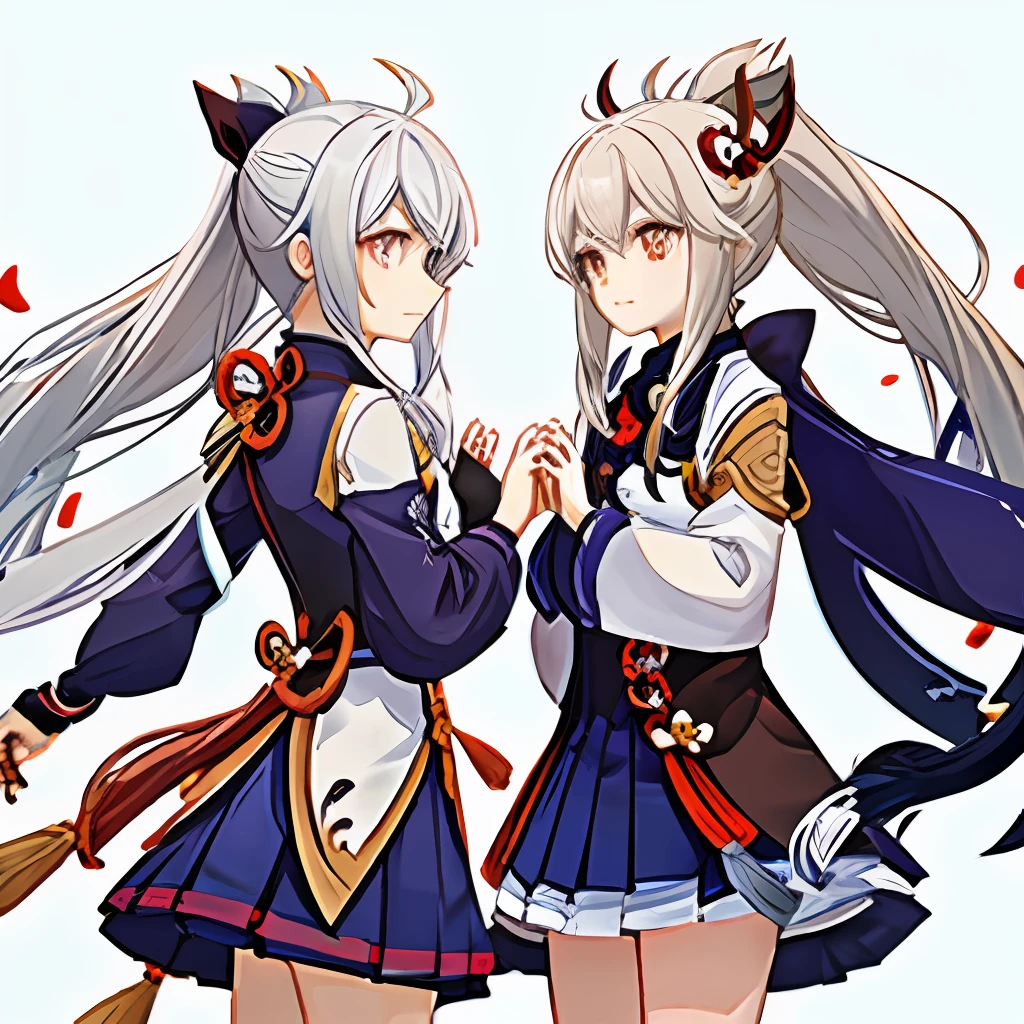 Genshin Game White Hair Female Inazuma Blue Skirt High Ponytail with Blue Bow on the Back Human Red Bow in Front of Hair Red Bow on Both Sides of Hair