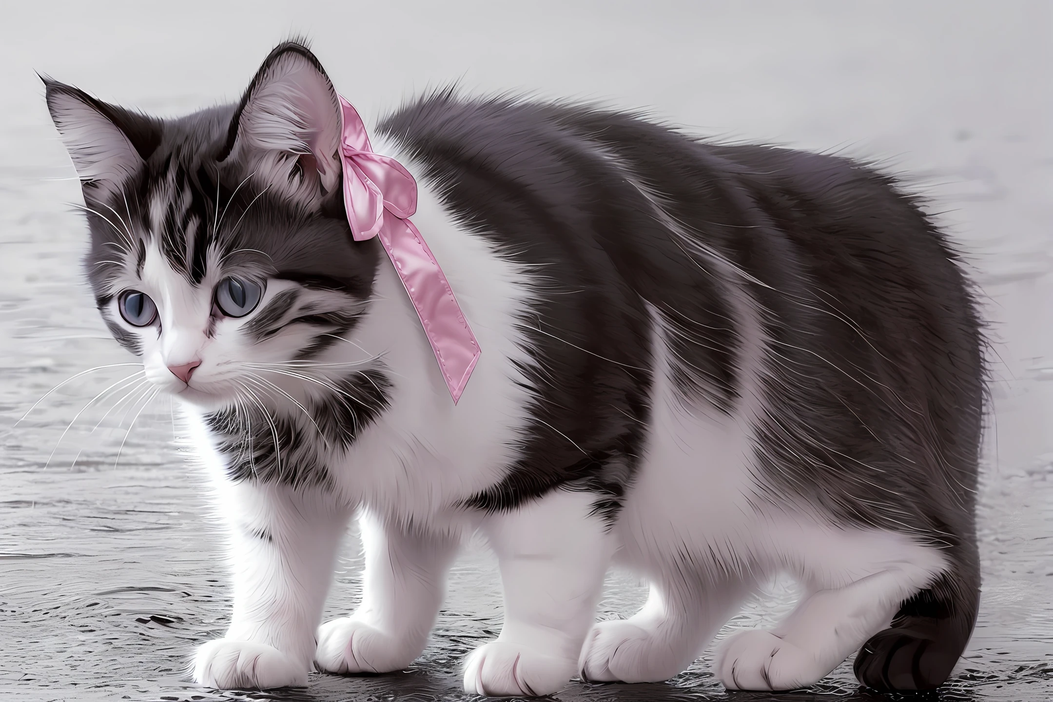 A kitten stood up，With small paws exposed，Its fur is black and white，Wearing small pink clothes，With a pink bow，Watery eyes