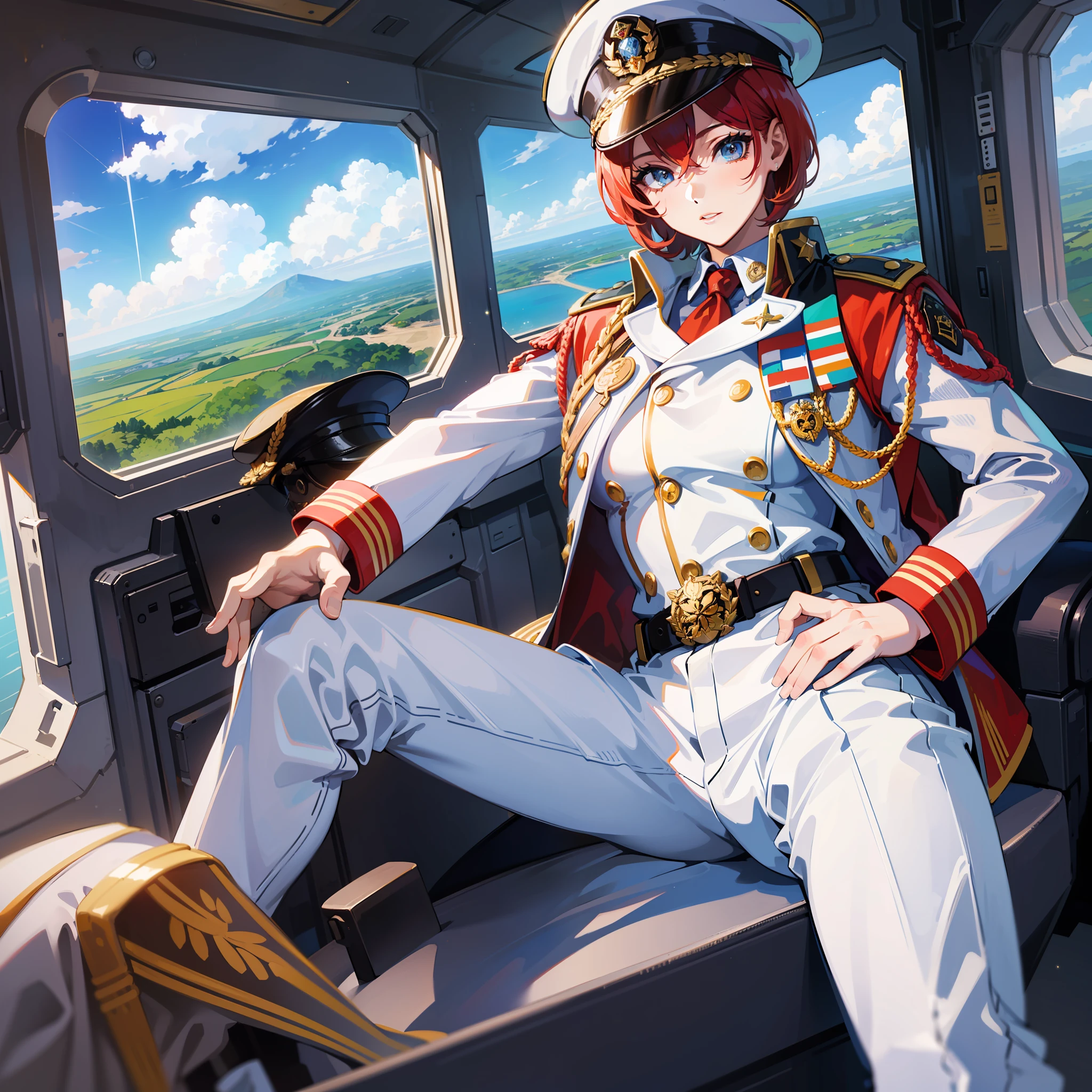 ((Masterpiece)), ((Highest Image Quality)), ((Best Quality)), (Illustration of One Girl), Full Body, 25 Years Old, Short Red Hair, (Thin Hair on Both Sides of Face), Blue Eyes, (((Tall)), ((Muscular Strong Body)), ((Manspreading)), Open Legs, (((Military Uniform)), (Military Hat)), (Military Coat)), (White Clothes), (White Pants), (White Hat), Trench Coat, ((Inside the spaceship, sitting in the captain's seat)), (outside the window, space, Earth seen from space, spaceport)