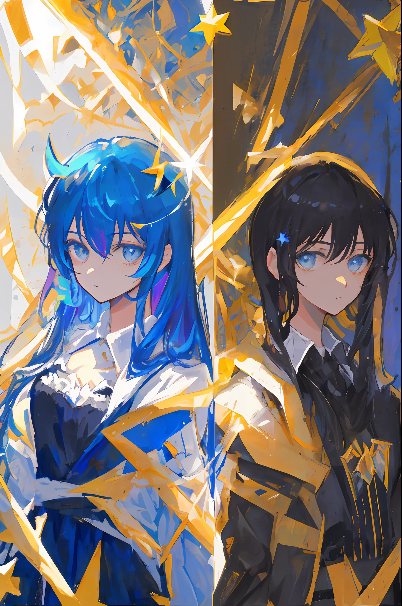 (tmasterpiece,Best quality at best)1 male,Delicate painting style,mature,Delicate portrayal,Meimao,comic strip,Cartoony,Gorgeous transitions,Transformation,rainbowing,magia,Rainbow surrounding,8K,k hd,,blue hairs,The long-haired,devil horns,As estrelas,Magic Warrior,Extreme lighting,Sparkling little stars,with black background,During the transformation,heroes