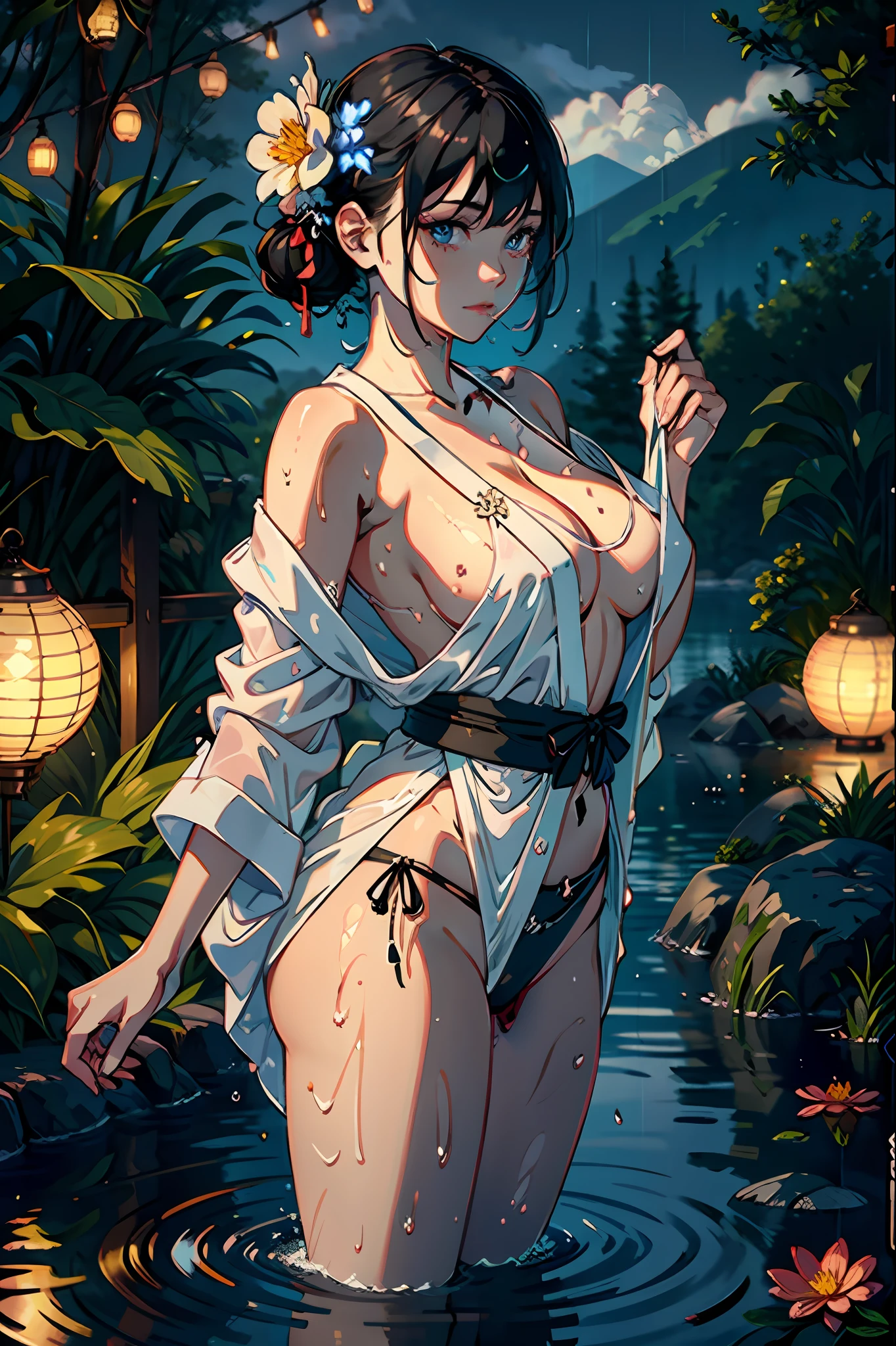 1girl, breasts, moon, lantern, night, solo, large breasts, hair ornament, wet, kimono, japanese clothes, wading, water, hair flower, flower, outdoors, sky, full moon, rain, black hair, off shoulder, mountain, cloud, holding, sash, bare shoulders, paper lantern, standing, white kimono, night sky, sideboob, obi, wet clothes, bangs, tree, from side, reflection, short hair, cloudy sky, wet hair (((masterpiece),(extremely detailed CG unity 8k wallpaper),best quality,,solo,1girl,cinematic lighting,detailed background,beautiful detailed eyes,bright pupils, (an extremely delicate and beautiful),(Beautiful and detailed eye description), ultra-detailed,masterpiece,)),