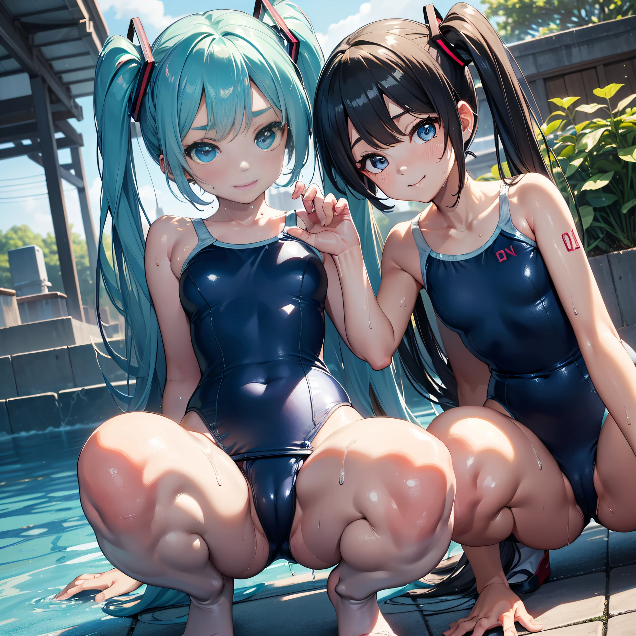 (masterpiece, best quality, 8k wallpaper:1.2 ), ultra detailed, absurdres, highres, long blue-green twintail hair, (hatsune miku:1.3), 7 yo, (2 girls), Elementary school student, short legs, short arms, petit, being stumpy, (bend over forwards deeply from facing below), ((1girl)), (flat chest), (((glossy slippy smooth texture {blue|black} one-piece japanese school swimsuit:1.3))), ((merciful motherhood kind smile)), (looking at viewer), lower body, close up butt, too sweaty body, silky skin, beautiful eyes, long hair flowing with the wind, beautiful smile line, big blue eyes, shiny hair, beautiful detailed eyes, beautiful detailed skin, beautiful detailed clothes, hand on hip, head tilt:1.2, (flat chest), troubled eyebrows, framed double breasts, under bust, too wet skin, too wet clothes, glossy skin, glossy clothes, skindentation, skin tight, thick tight, Calm stream, portrait, bend forwards deeply, (flat chest), cute face, kawaii, peeping shot from facing below, peeping dripping, open legs, spread legs, squatting, knees stand up, realistic, realism, photorealistic, dripping yellow wine in crotch, girls sandwich, ((2 girls close to the center nearby)), ((reach out to the viewer:1.2)), both inner thighs, child, child girl