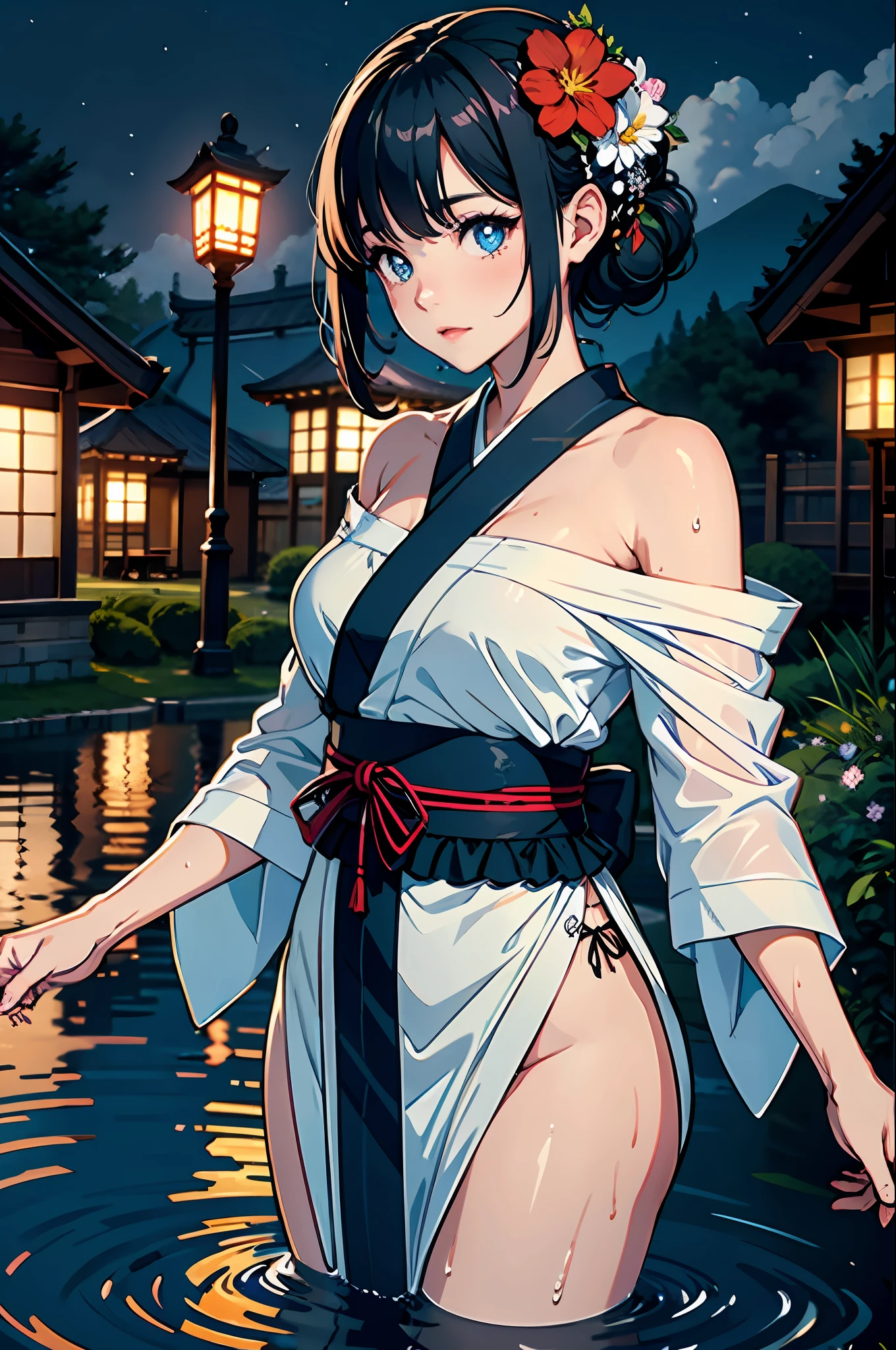 1girl, breasts, moon, lantern, night, solo, large breasts, hair ornament, wet, kimono, japanese clothes, wading, water, hair flower, flower, outdoors, sky, full moon, rain, black hair, off shoulder, mountain, cloud, holding, sash, bare shoulders, paper lantern, standing, white kimono, night sky, sideboob, obi, wet clothes, bangs, tree, from side, reflection, short hair, cloudy sky, wet hair (((masterpiece),(extremely detailed CG unity 8k wallpaper),best quality,,solo,1girl,cinematic lighting,detailed background,beautiful detailed eyes,bright pupils, (an extremely delicate and beautiful),(Beautiful and detailed eye description), ultra-detailed,masterpiece,)),