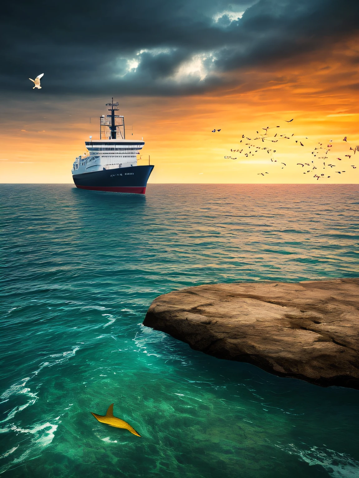 The ship is in the center of the ocean, dark night, violent storms, HD, mermaid, orange thunder background, best quality, some rocks around, rocks, best ship, mermaid on ocean, best mermaid, 16k, big ship, ship close to camera, Birds fly around, birds, night time, best lights, octane