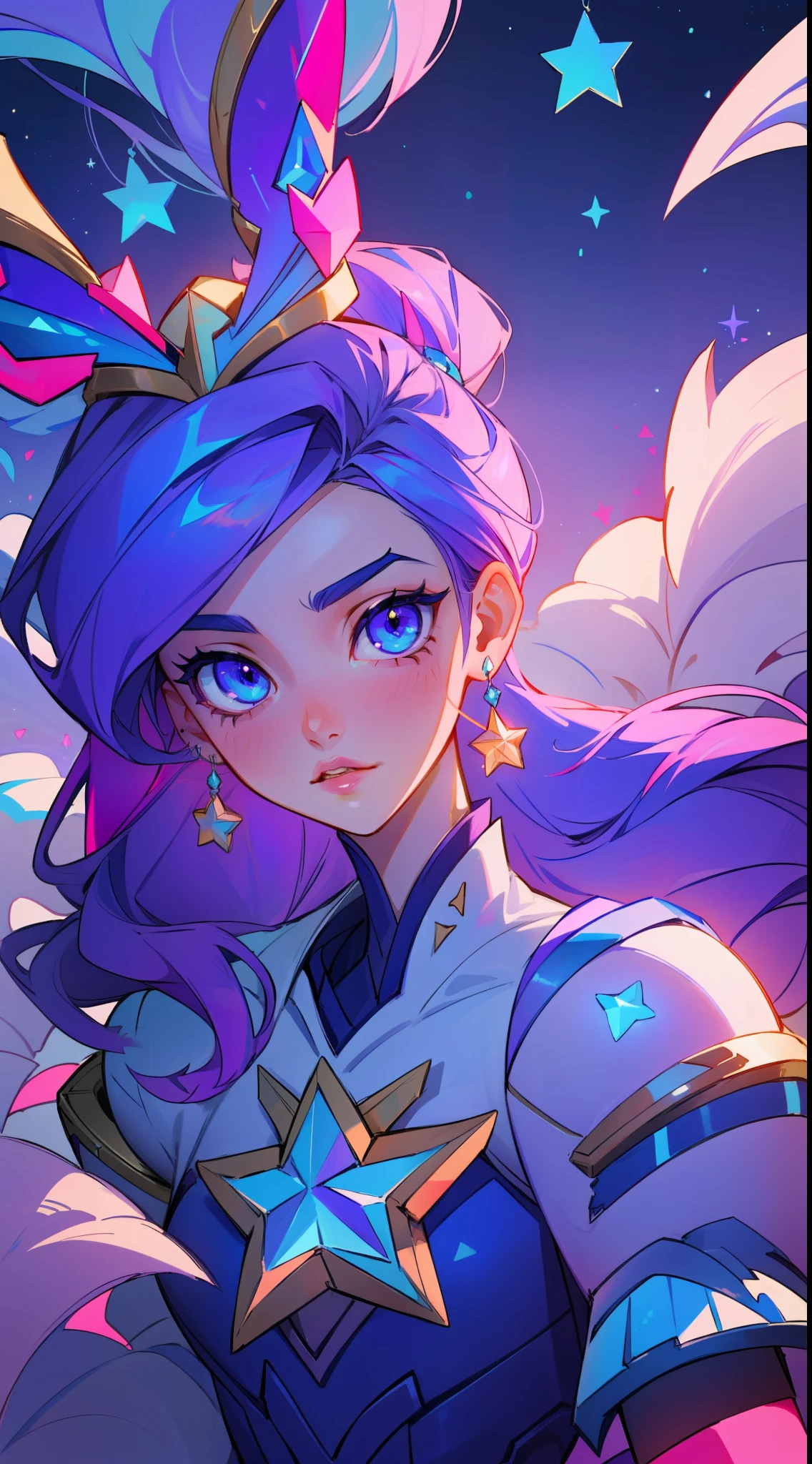 (masterpiece, best quality), intricate details, 8k, artstation, sharp focus, 1girl, star guardian, league of legends, (pink, purple, blue color theme)