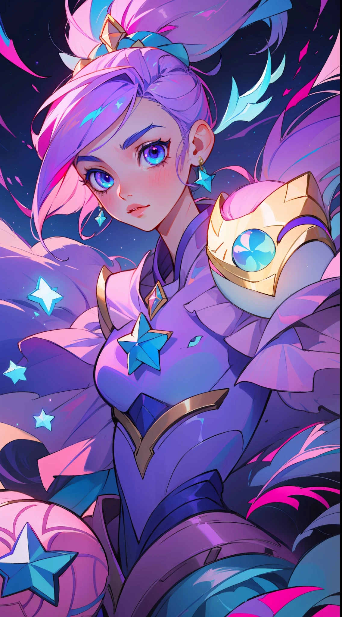 (masterpiece, best quality), intricate details, 8k, artstation, sharp focus, 1girl, star guardian, league of legends, (pink, purple, blue color theme)