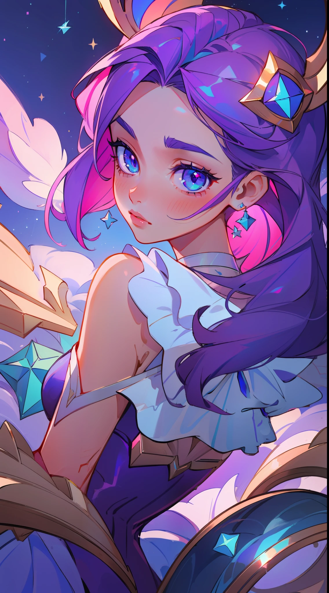 (masterpiece, best quality), intricate details, 8k, artstation, sharp focus, 1girl, star guardian, league of legends, (pink, purple, blue color theme)