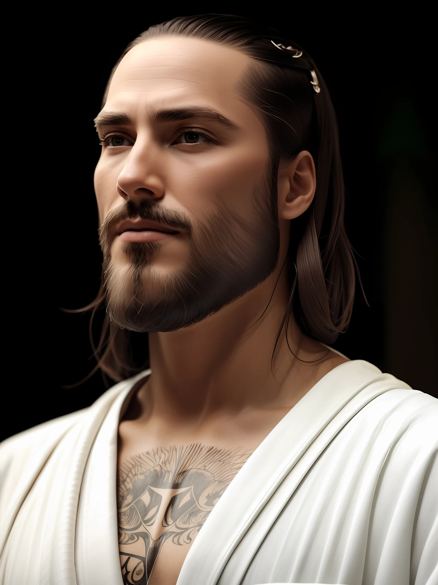(symmetry),centered,a ((close)) up portrait,(Jesus),a very thin white man with long hair and a beard,wearing a long white robe,35mm,natural skin,clothes  detail, 8k texture, 8k, insane details, intricate details, hyperdetailedhighly detailed,realistic,soft cinematic light,HDR,sharp focus, ((((cinematic look)))),intricate, elegant, highly detailed