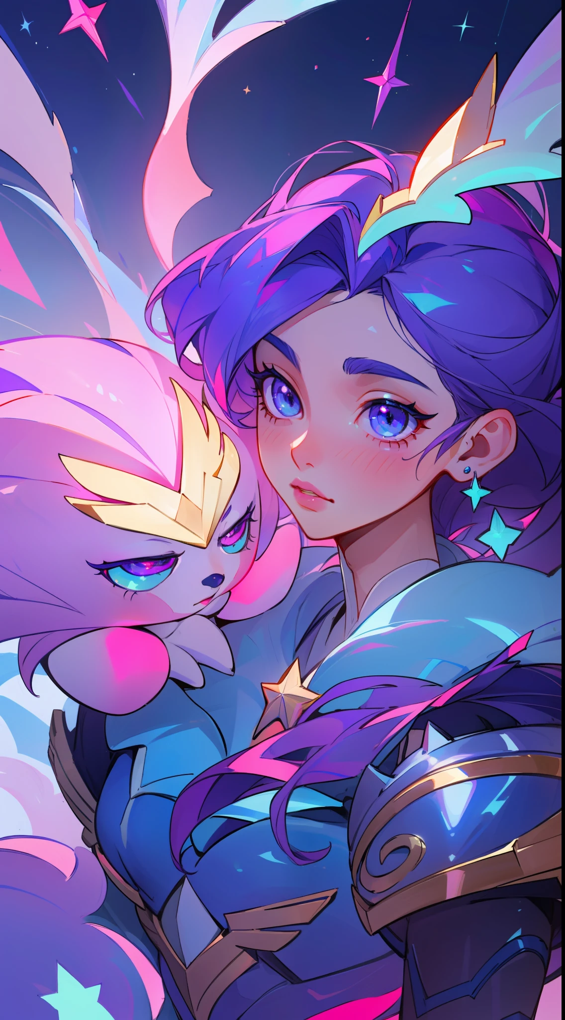 (masterpiece, best quality), intricate details, 8k, artstation, sharp focus, 1girl, star guardian, league of legends, (pink, purple, blue color theme)