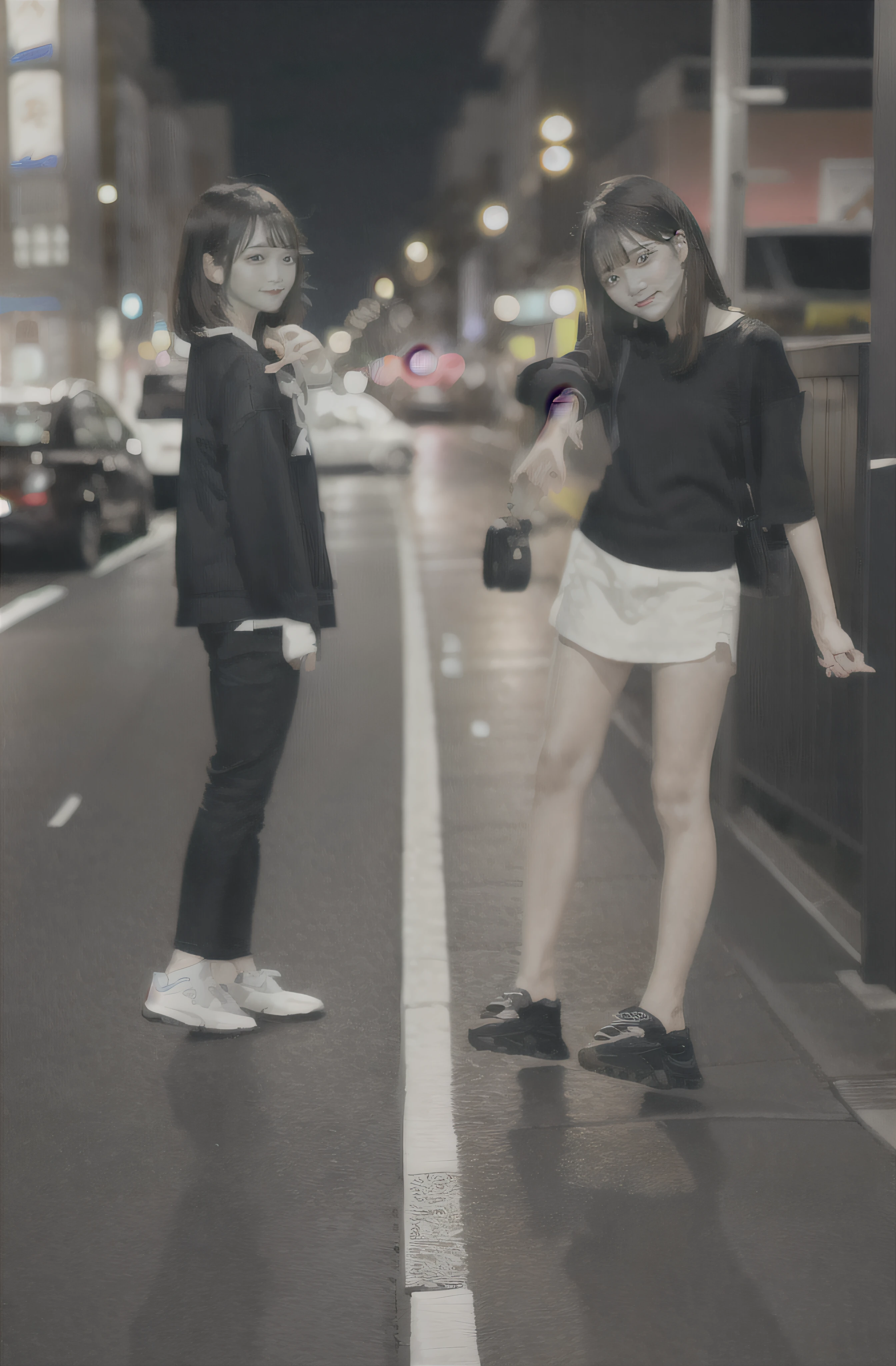 there are two women standing on the sidewalk pointing at something, taken with a canon eos 5 d, taken with a canon eos 5 d, taken with a canon eos 5d, Night Man々, Summer evening, girls resting, night photo, Two girls, on rooftop tokyo night, shot at night, taken with canon 8 0 d, in a tokyo street、realisitic、realisticlying、Well-formed face、Excellent style、beauty legs、light skinned