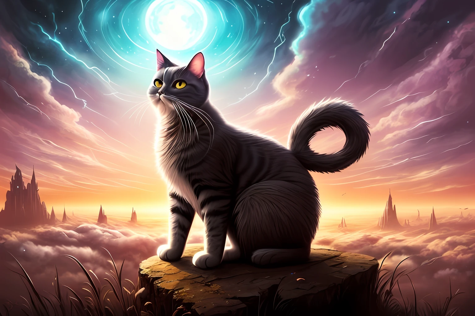 A galactic cat with a lot of hair on its head,Stare at something in the distance,intricately details,electric,Fantasyart,anato finnstark,Latex painting,非常详细,misty rutkowski,hdr,ultra - detailed,rim-light,Faded,Bleak