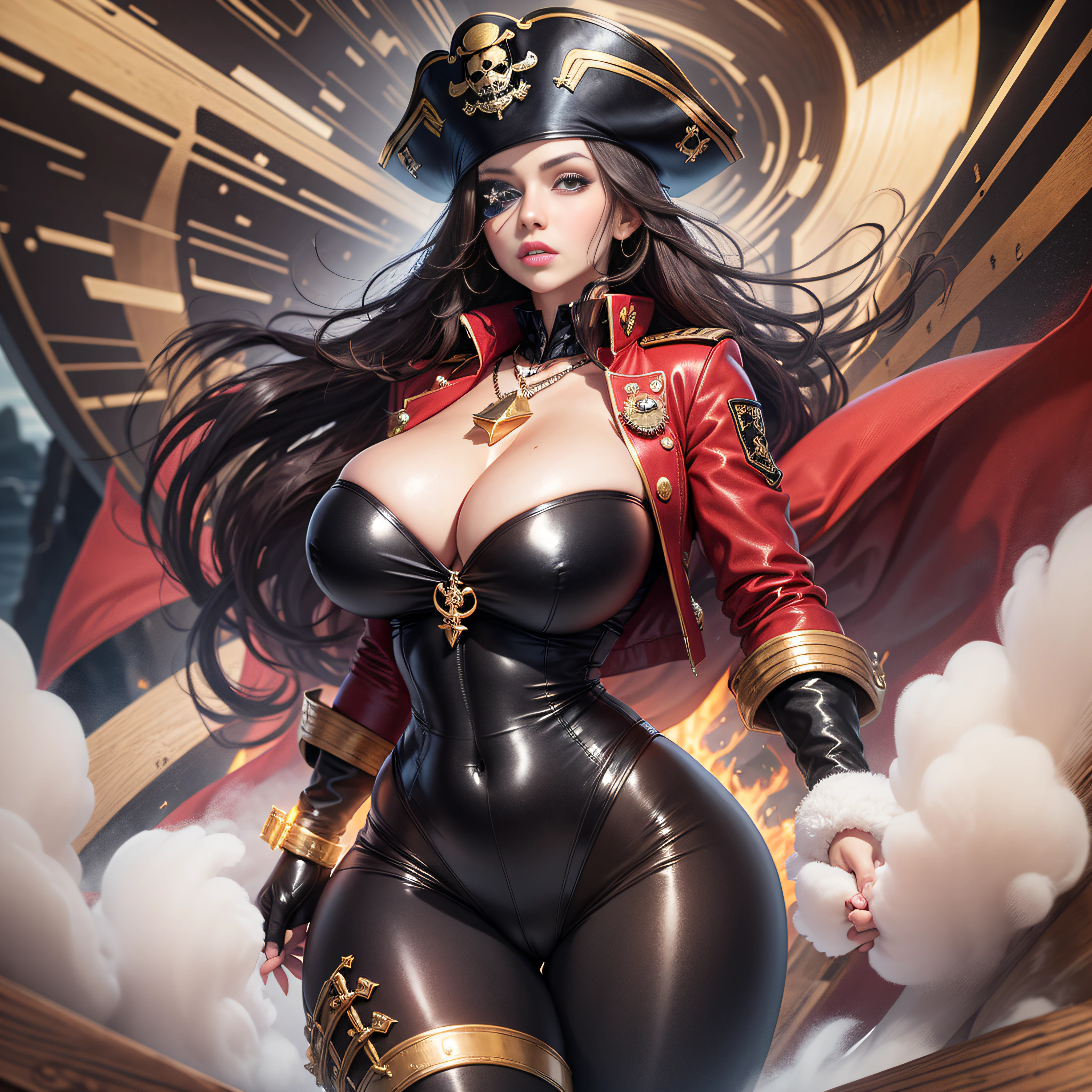 pirate captain outfit with pirate hat, red jacket with gold tassels, white frilly blouse, black pants, brown thigh high boots, eye patch, massive breasts, massive hips, massive thighs, massive calves, slender waist, hourglass figure, shiny black pantyhose, piloting a wooden ship, detailed eyes, leggings, kissing each other, 4K high resolution