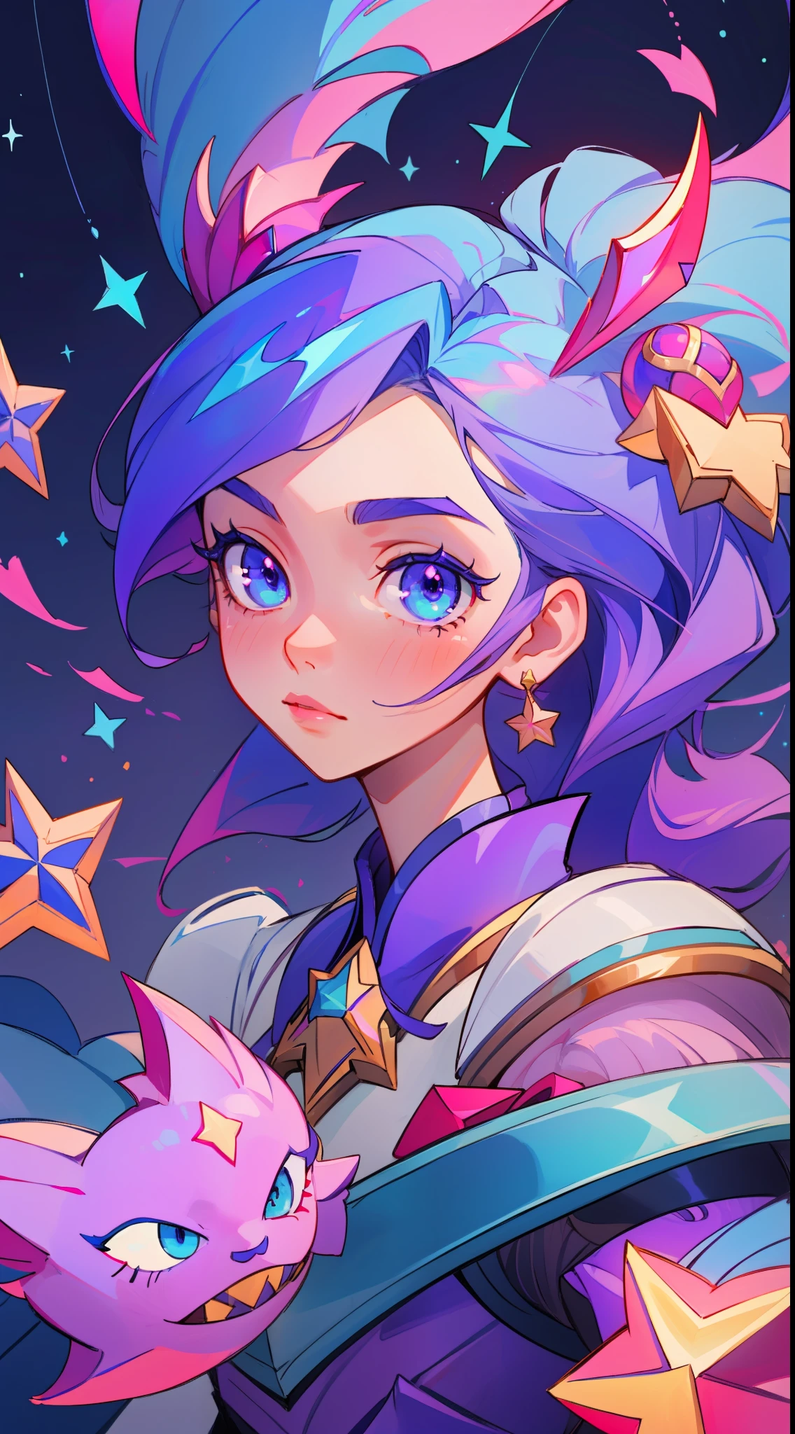 (masterpiece, best quality), intricate details, 8k, artstation, sharp focus, 1girl, star guardian, league of legends, (pink, purple, blue color theme)