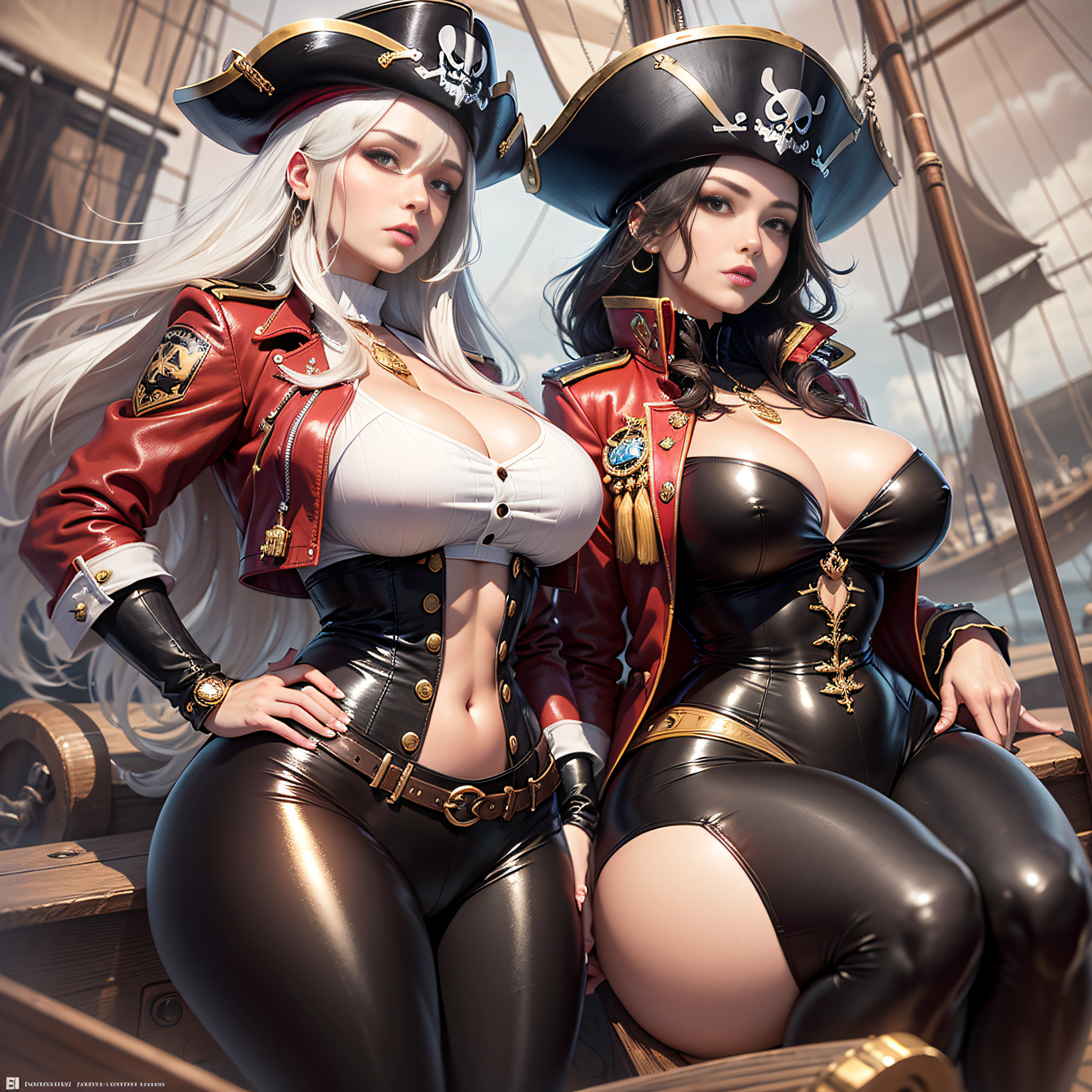 pirate captain outfit with pirate hat, red jacket with gold tassels, white frilly blouse, black pants, brown thigh high boots, eye patch, massive breasts, massive hips, massive thighs, massive calves, slender waist, hourglass figure, shiny black pantyhose, piloting a wooden ship, detailed eyes, leggings, kissing each other, 4K high resolution