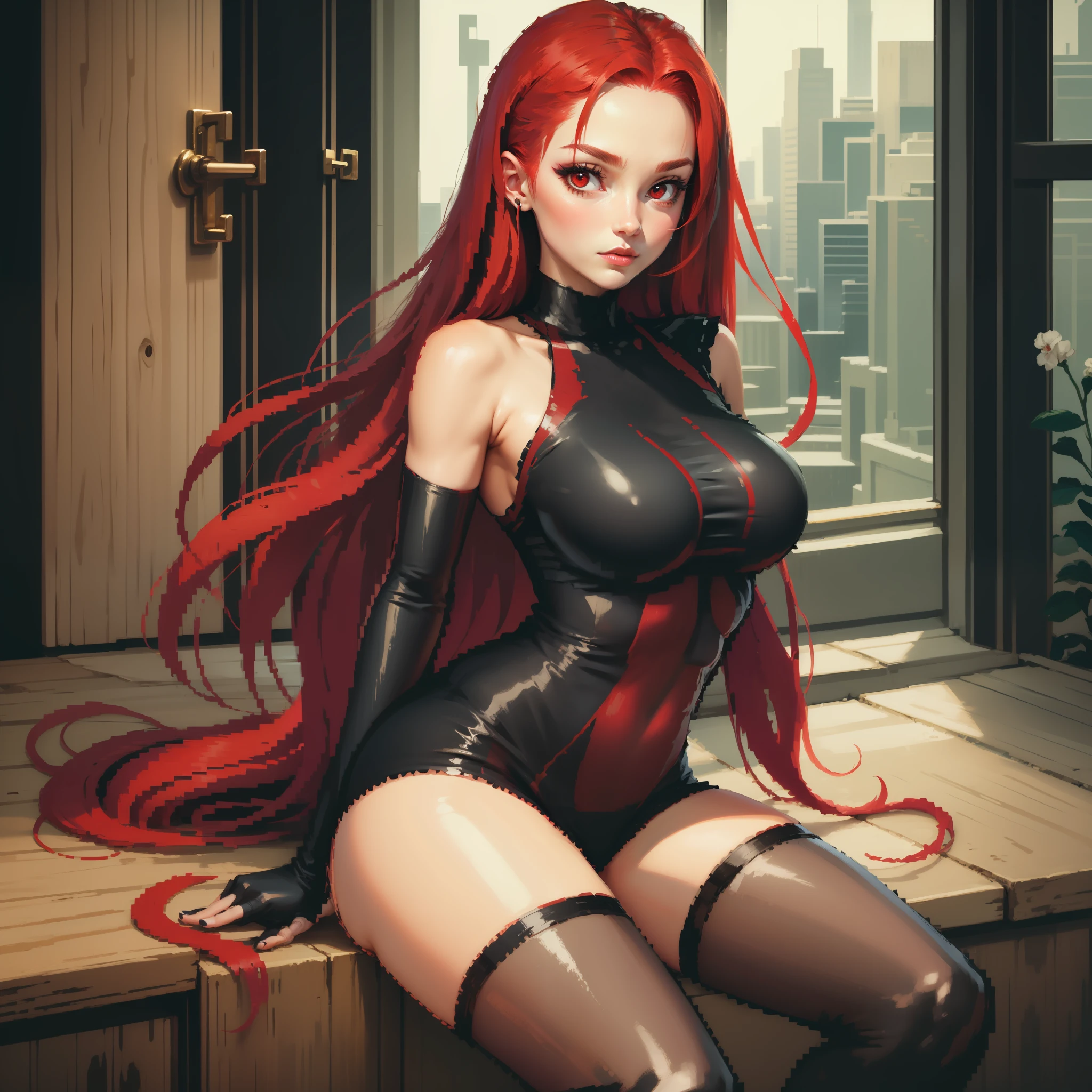 Long red hair, Red eyes, Black tights