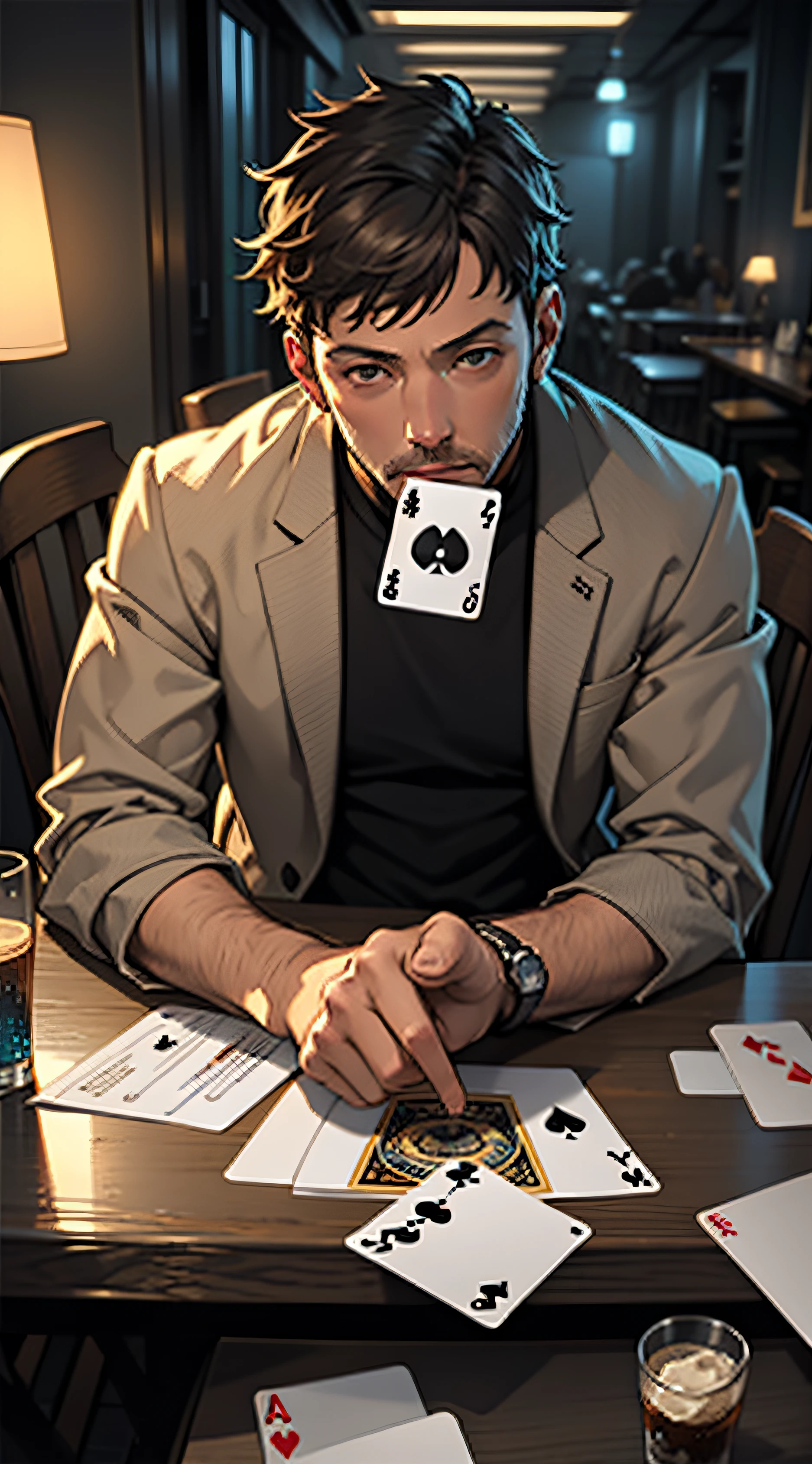 Highly detailed, high quality, masterpiece, beautiful, PlayingCards,BEN AFFLECK, solo, holding, card, table, holding card, sitting, indoors, deck, pov across table, mouth closed, looking at viewer, gigachad, --auto
