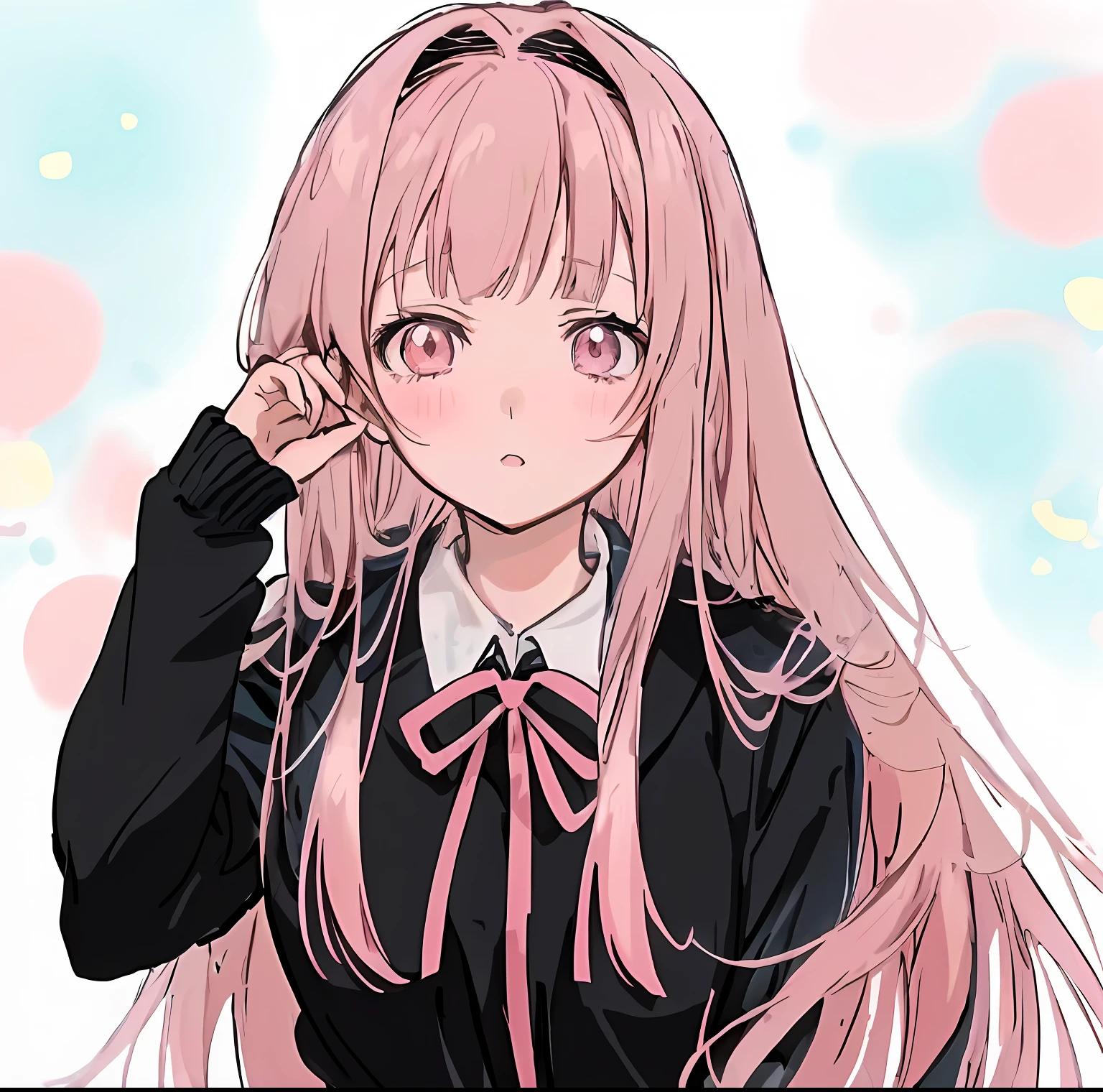 (((adolable)))，(((Moe Moe)))of anime girls。Wearing a black jacket and tie(((long pink  hair))), Inspired by(((Ib Eisner)))， she is a((((Anime shoujo))))，With long hair strands and an extremely cute face，Own a pair(((with huge luminous sad eyes)))。She is a beauty(((Anime high school girls)))，belong(((doki doki literature club)))，Like one((((up of young anime girl))))The same，Energetic。