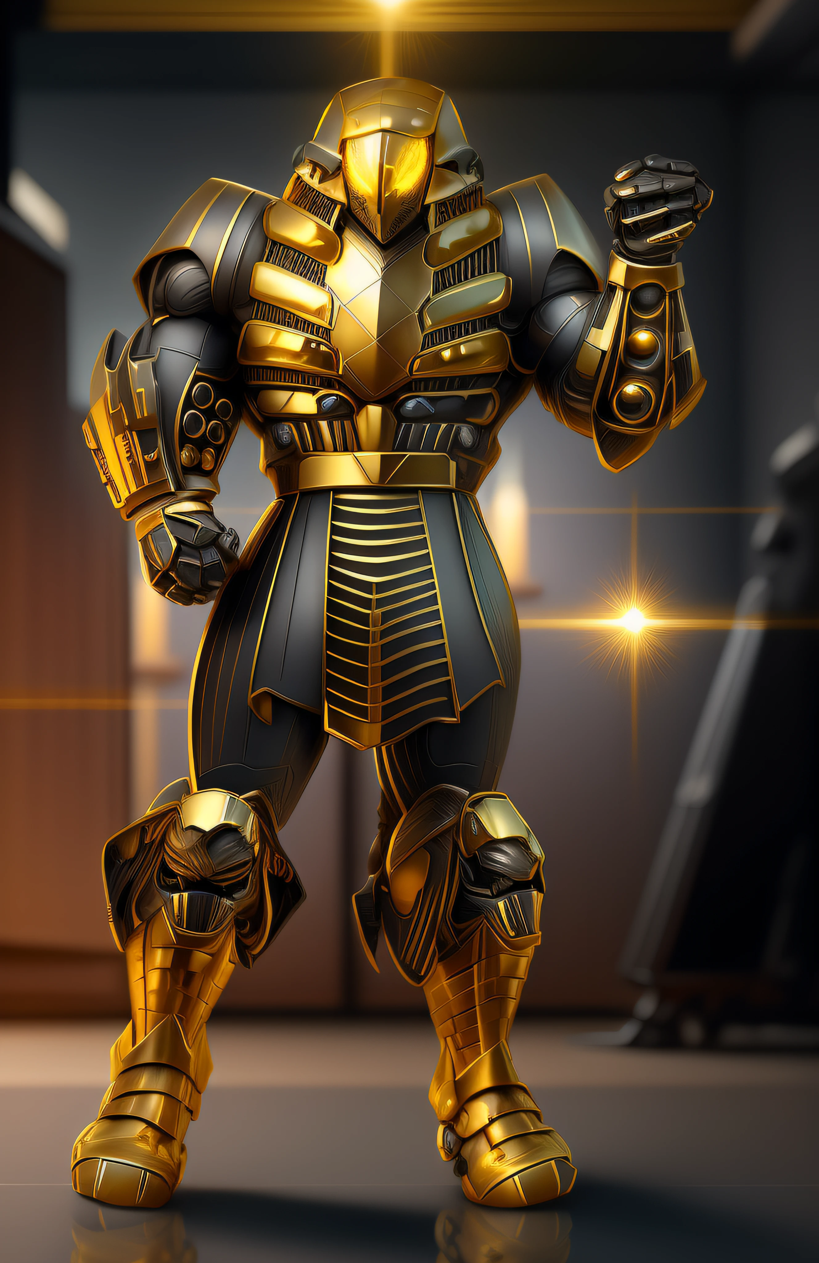 a close up of a robot with a glowing suit on, armadura brilhante elegante, Retrato completo de Electromancer, luzes brilhantes na armadura, Deus grego no estilo mecha, Armadura obsidiana de ouro pesado, Sci - Armadura de Fi:! musculoso, intrincada armadura mecha brilhante, Armadura Obsidiana de Ouro, cyber fight armor, Personagem de Mortal Kombat, Armadura Conceitual, Bokeh, blur, Fulgurar