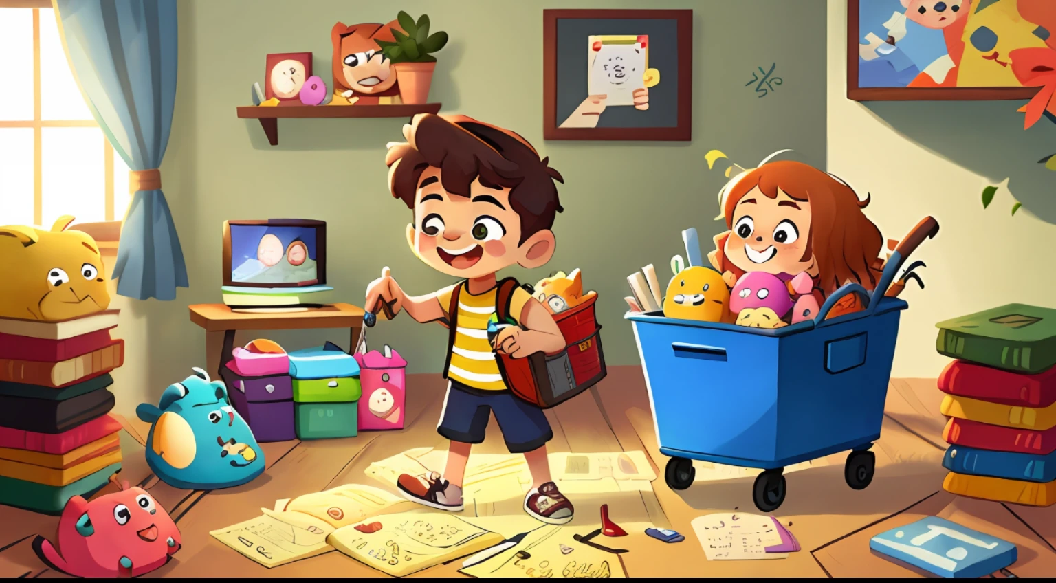 um menino feliz segurando uma maleta, um menina feliz segurando dinheiro, various toy cart, moedas e cadernos em torno. No quarto, video game. Ulta detalhado