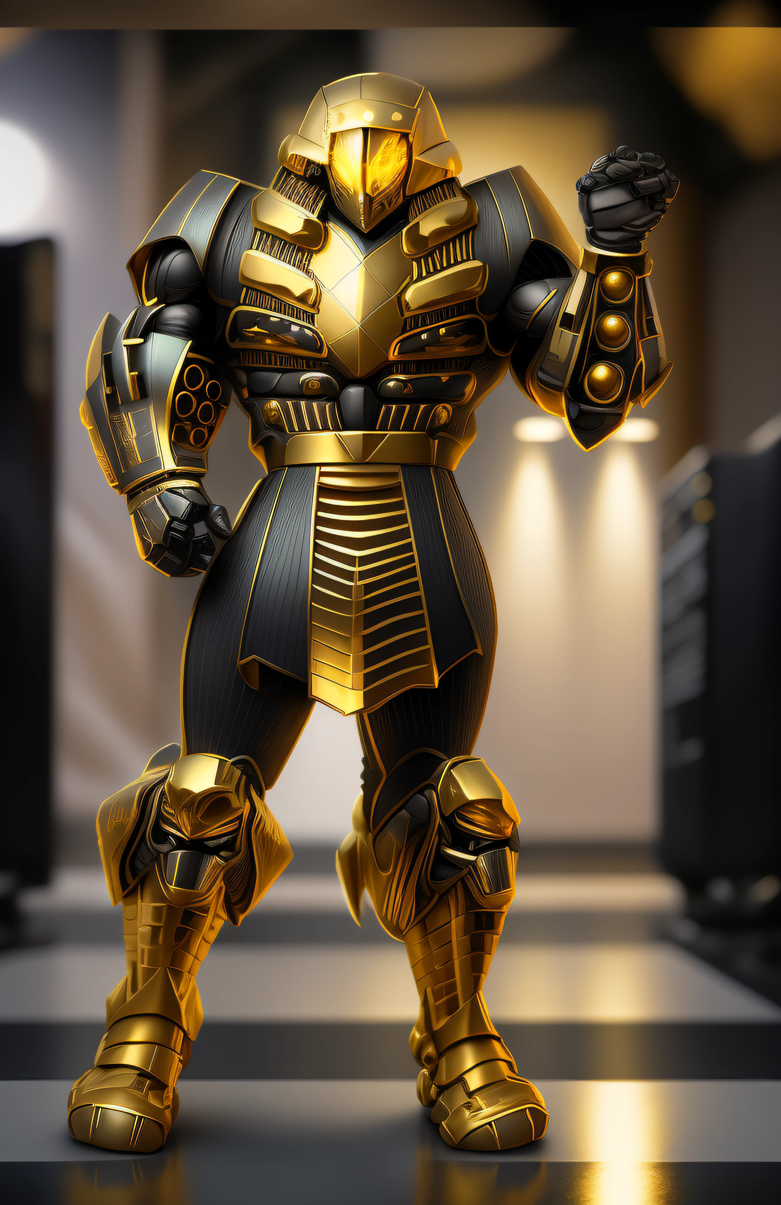 a close up of a robot with a glowing suit on, armadura brilhante elegante, Retrato completo de Electromancer, luzes brilhantes na armadura, Deus grego no estilo mecha, Armadura obsidiana de ouro pesado, Sci - Armadura de Fi:! musculoso, intrincada armadura mecha brilhante, Armadura Obsidiana de Ouro, cyber fight armor, Personagem de Mortal Kombat, Armadura Conceitual, Bokeh, blur, Fulgurar