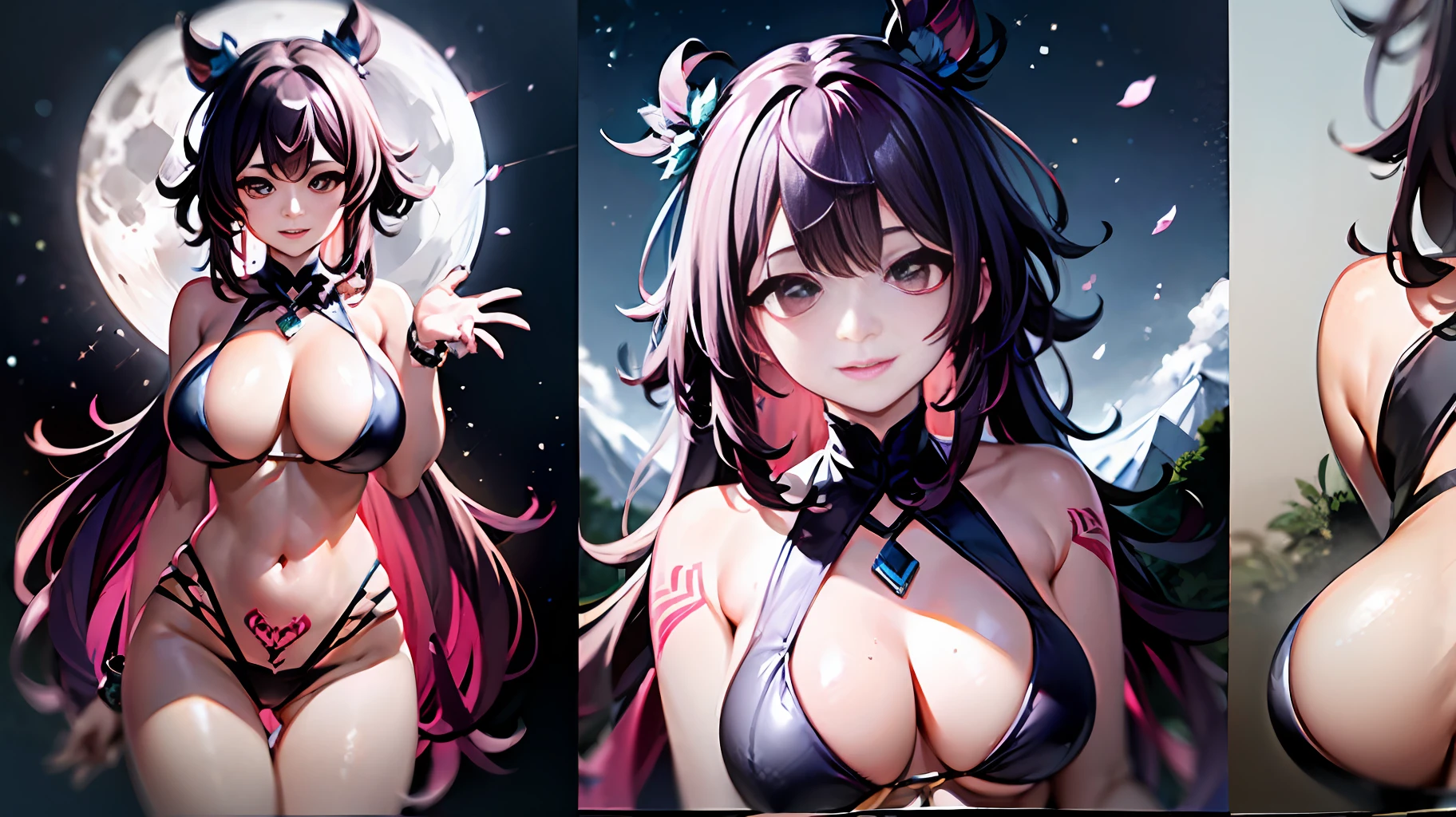 At this time, a beautiful woman was captured by the camera,The beauty K-cup teardrop shape is huge, tit makes the super sexy body with obvious sexual characteristics particularly irritating,The beauty Kazilan's giant eyes are pupils with fire,The beauty has a nose like a cat,Small cherry bites,Bright eyes,Swan neck,Slip shoulders,Beauty collarbone,Shake your arms gently,The slender jade hand posture is like playing music with five fingers relaxed,Gourd shape figure,Funnel waist,Vest line,Pear-shaped buttocks,The butterfly straddles a pair of ultra-slender, rounded and toned legs,Colorful hair,Overhead halo,Gorgeous colorful tattoos,Delicate manicure,Gorgeous trinkets,Snowtops in the distant mountains,Aurora meteor,Colorful cherry blossoms,The sea rises and the moon rises,Hanhai blue ice,Full of neon,The storm is clear,The galaxy is shining,Away from the hustle and bustle,Victoria's Secret,A smile is good,Use Midjourney's advanced brush tools and experiment with different color palettes and strokes to reveal and enhance the seductive crimson quality of your scenes, as well as the magnificent natural landscape in different weather conditions in the background。Use Midjourney's advanced brush strokes and texture tools and experiment with different models and materials to add a glamorous look to thin bikini-like fabrics and intricate hairstyles and make-up, as well as tattoos。Using Midjourney's advanced brushstroke and texturing tools, the super sexy teardrop-shaped giant tit has a jelly-like Q-bomb texture and an oily and authentic texture, and is constrained into various shape poses,Showcases unique firm body and femininity with seductive and seductive yoga dance poses。Use Midjourney's powerful tools,You can bring this captivating and captivating scene to life with incredible detail and beauty。 hdr,(真实感,Masterpiece quality,best qualtiy),,pureerosface_v1,ulzzang-6500-v1.1