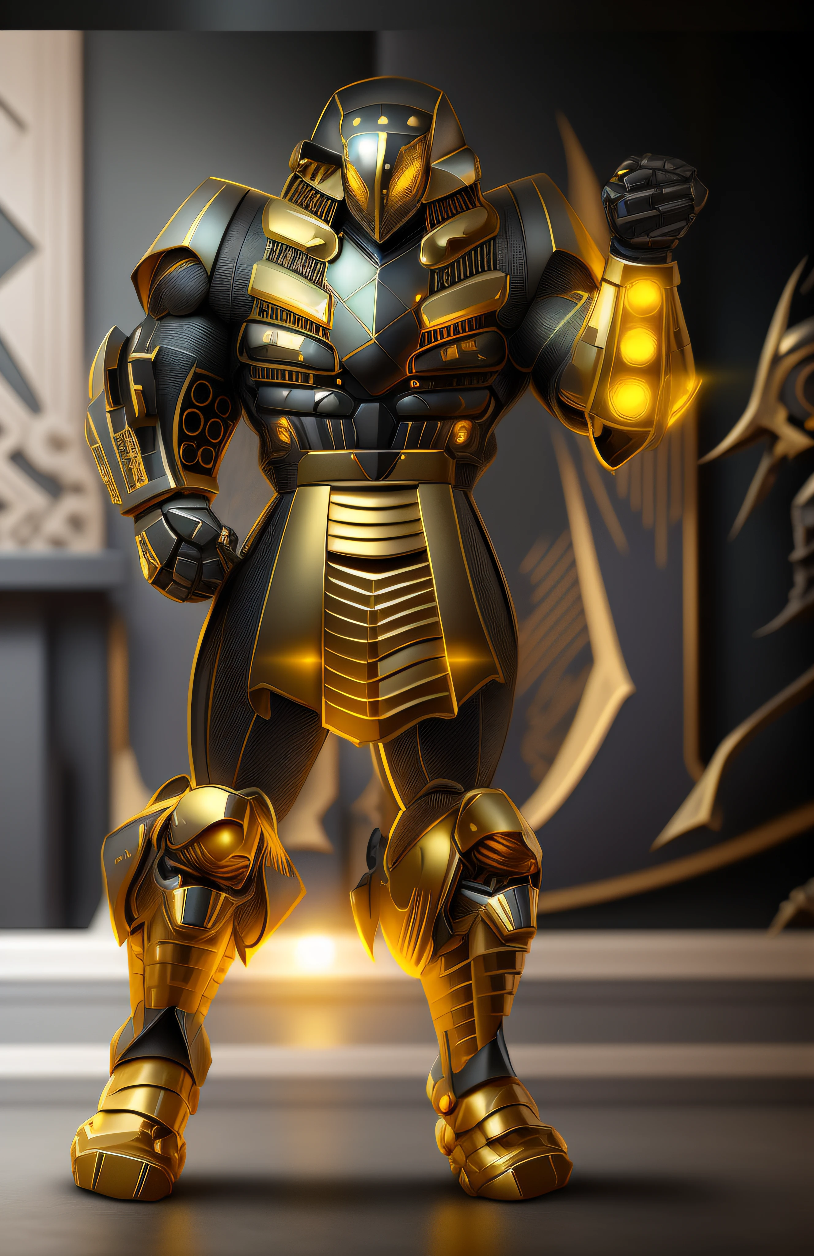a close up of a robot with a glowing suit on, armadura brilhante elegante, Retrato completo de Electromancer, luzes brilhantes na armadura, Deus grego no estilo mecha, Armadura obsidiana de ouro pesado, Sci - Armadura de Fi:! musculoso, intrincada armadura mecha brilhante, Armadura Obsidiana de Ouro, cyber fight armor, Personagem de Mortal Kombat, Armadura Conceitual, Bokeh, blur, Fulgurar