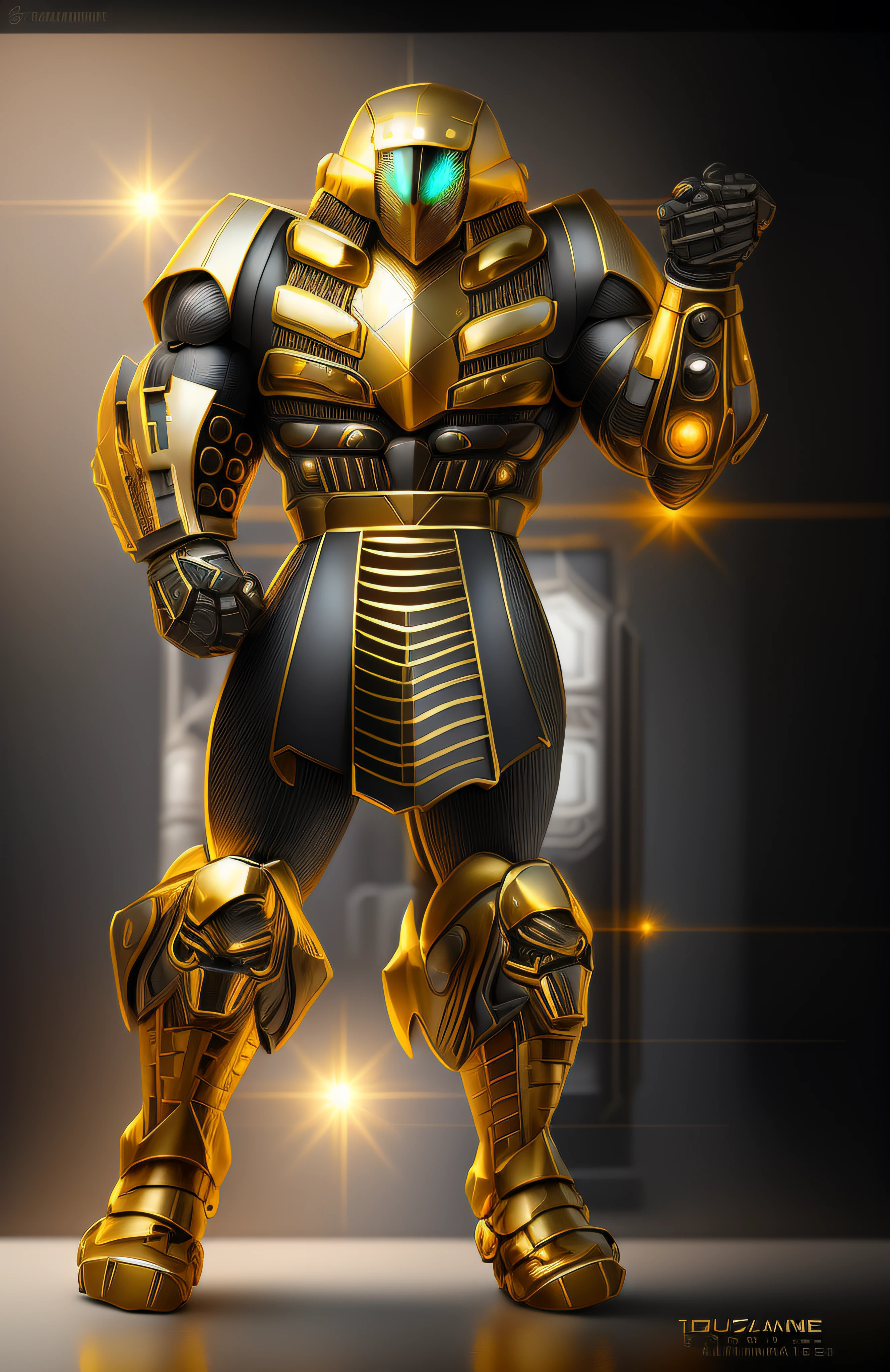 a close up of a robot with a glowing suit on, armadura brilhante elegante, Retrato completo de Electromancer, luzes brilhantes na armadura, Deus grego no estilo mecha, Armadura obsidiana de ouro pesado, Sci - Armadura de Fi:! musculoso, intrincada armadura mecha brilhante, Armadura Obsidiana de Ouro, cyber fight armor, Personagem de Mortal Kombat, Armadura Conceitual, Bokeh, blur, Fulgurar