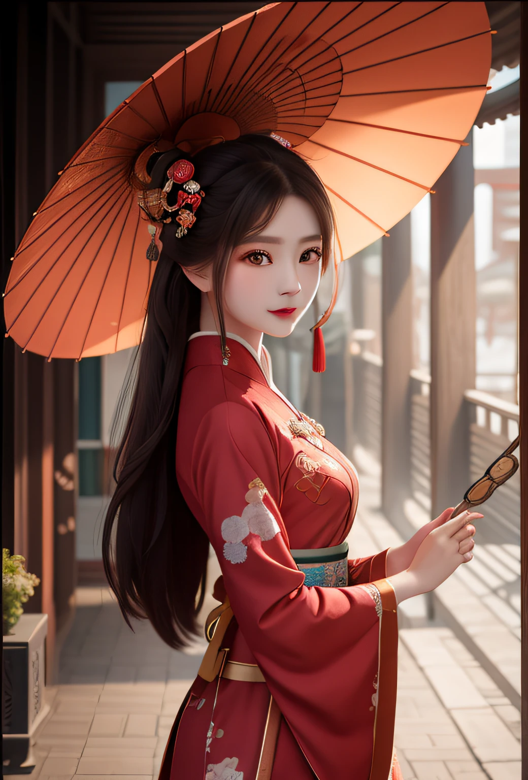 The woman in the picture should look like a Xinjiang person,The clothes were changed to Hanfu