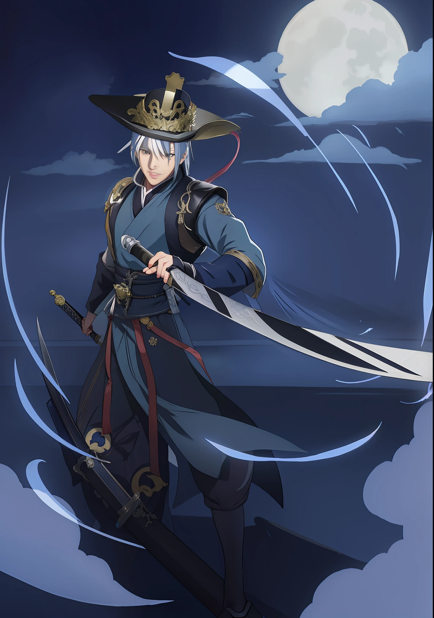 anime character with a sword and hat in the moonlight, shirow masamune, masamune, Swordsman,