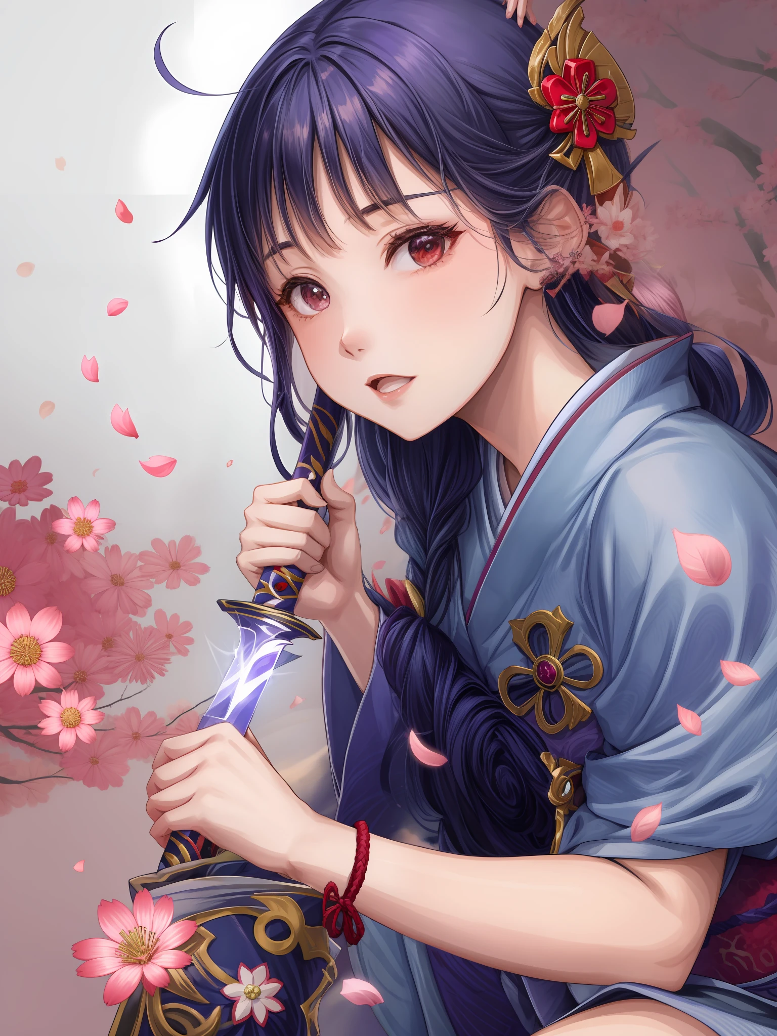 anime girl in a kimono outfit holding a sword and flowers, Best anime 4k konachan wallpaper, Anime art wallpaper 8 K, Kushatt Krenz Key Art Women, Anime art wallpaper 4k, Anime art wallpaper 4 K, style of anime4 K, 4k manga wallpapers, Sakura Haruno, Ayaka Genshin impact, sakura petals around her