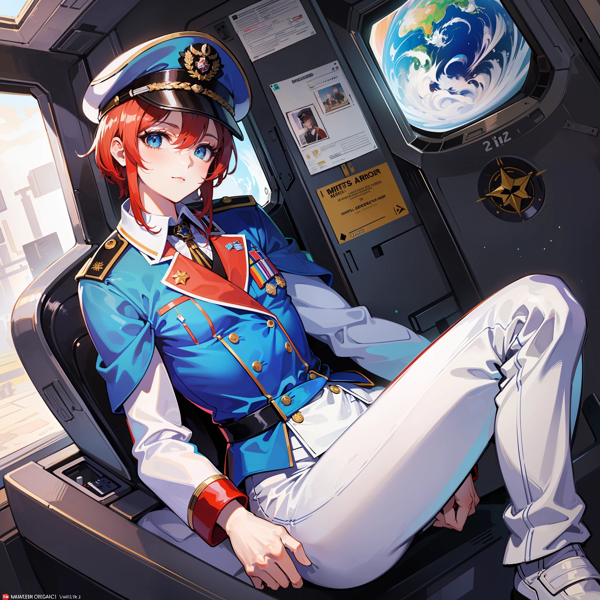 ((Masterpiece)), ((Highest Image Quality)), ((Best Quality)), (Illustration of One Girl), Full Body, 25 Years Old, Short Red Hair, (Thin Hair on Both Sides of Face), Blue Eyes, (((Tall)), ((Muscular Strong Body)), ((Manspreading)), Open Legs, (((Military Uniform)), (Military Hat)), (Military Coat)), (White Clothes), (White Pants), (White Hat), Trench Coat, ((Inside the spaceship, sitting in the captain's seat)), (outside the window, space, Earth seen from space, spaceport)