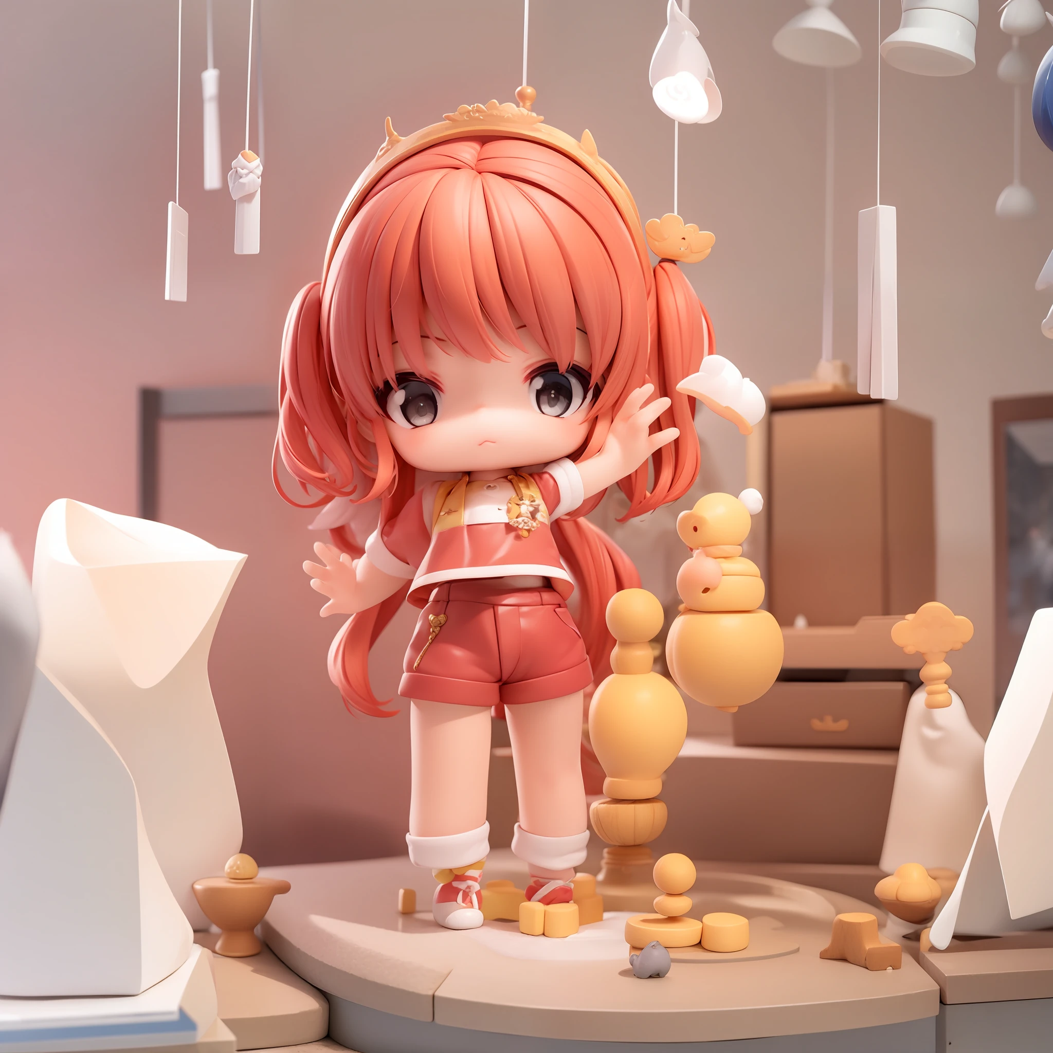 ((masterpiece, best quality)),(complex lighting), solo, full body, 1boy,red hair,short hair,shirt,shorts, chibi,
