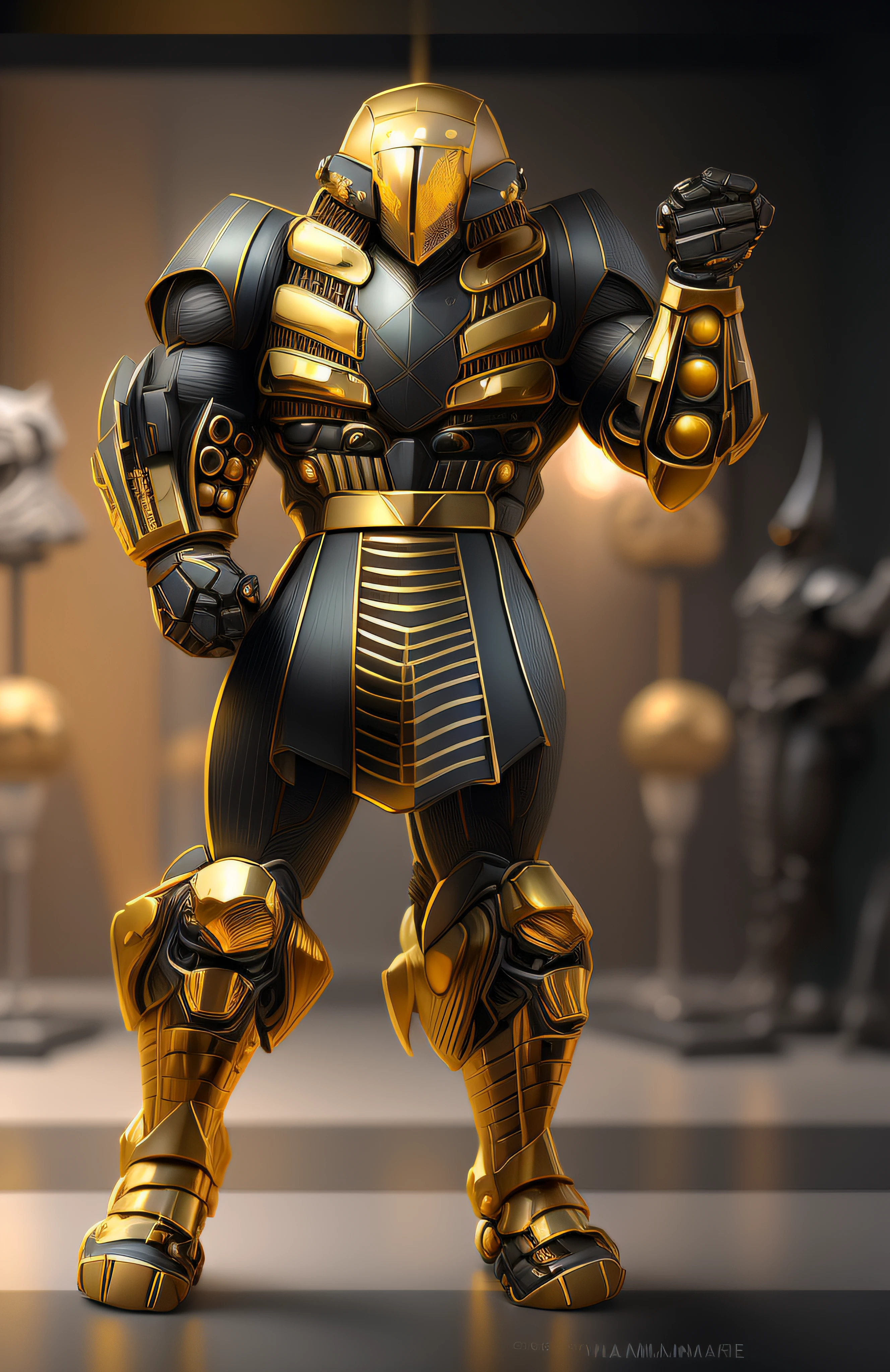 a close up of a robot with a glowing suit on, armadura brilhante elegante, Retrato completo de Electromancer, luzes brilhantes na armadura, Deus grego no estilo mecha, Armadura obsidiana de ouro pesado, Sci - Armadura de Fi:! musculoso, intrincada armadura mecha brilhante, Armadura Obsidiana de Ouro, cyber fight armor, Personagem de Mortal Kombat, Armadura Conceitual, Bokeh, blur, Fulgurar